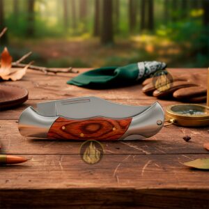 Navaja Cachas De Madera Lion Tools modelo 6591 con hoja de acero inoxidable 420 y apertura manual con muelle.