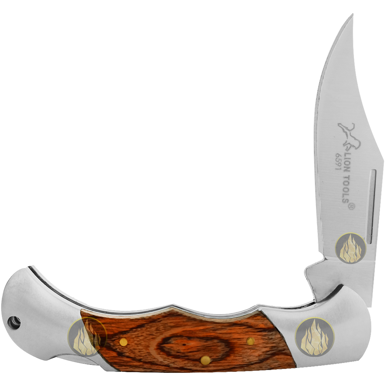 Navaja Cachas De Madera Lion Tools modelo 6591 con hoja de acero inoxidable 420 y apertura manual con muelle.