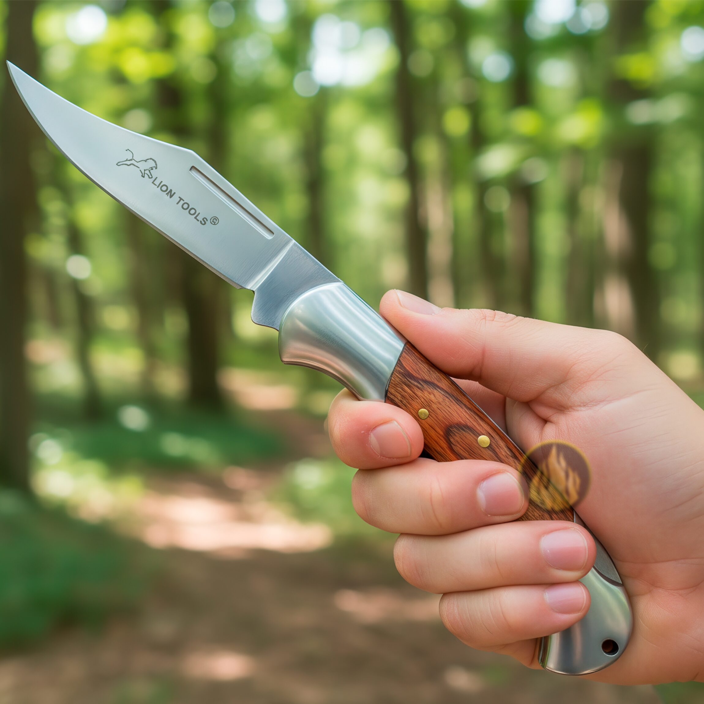 Navaja Cachas De Madera Lion Tools modelo 6591 con hoja de acero inoxidable 420 y apertura manual con muelle.
