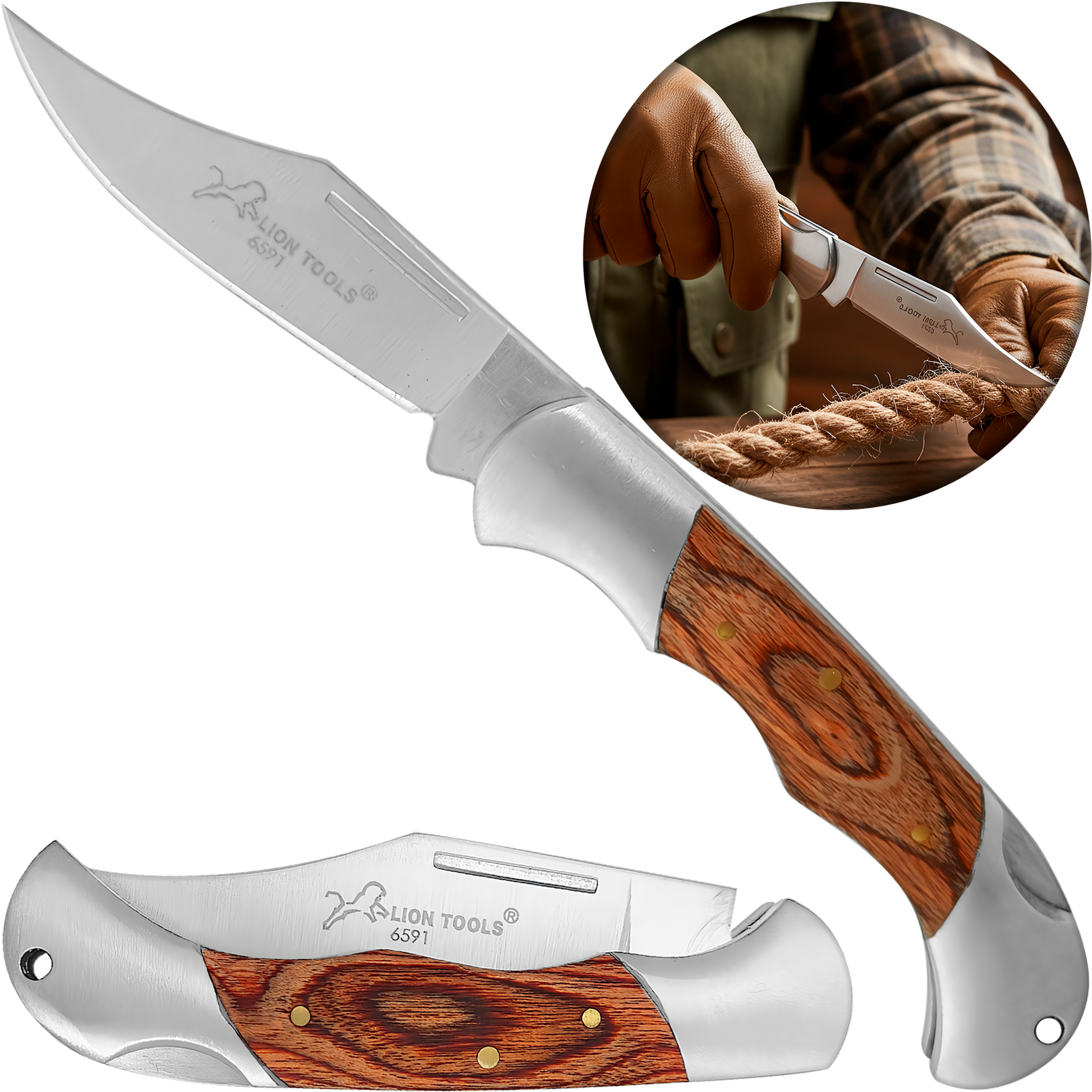 Navaja Cachas De Madera Lion Tools modelo 6591 con hoja de acero inoxidable 420 y apertura manual con muelle.