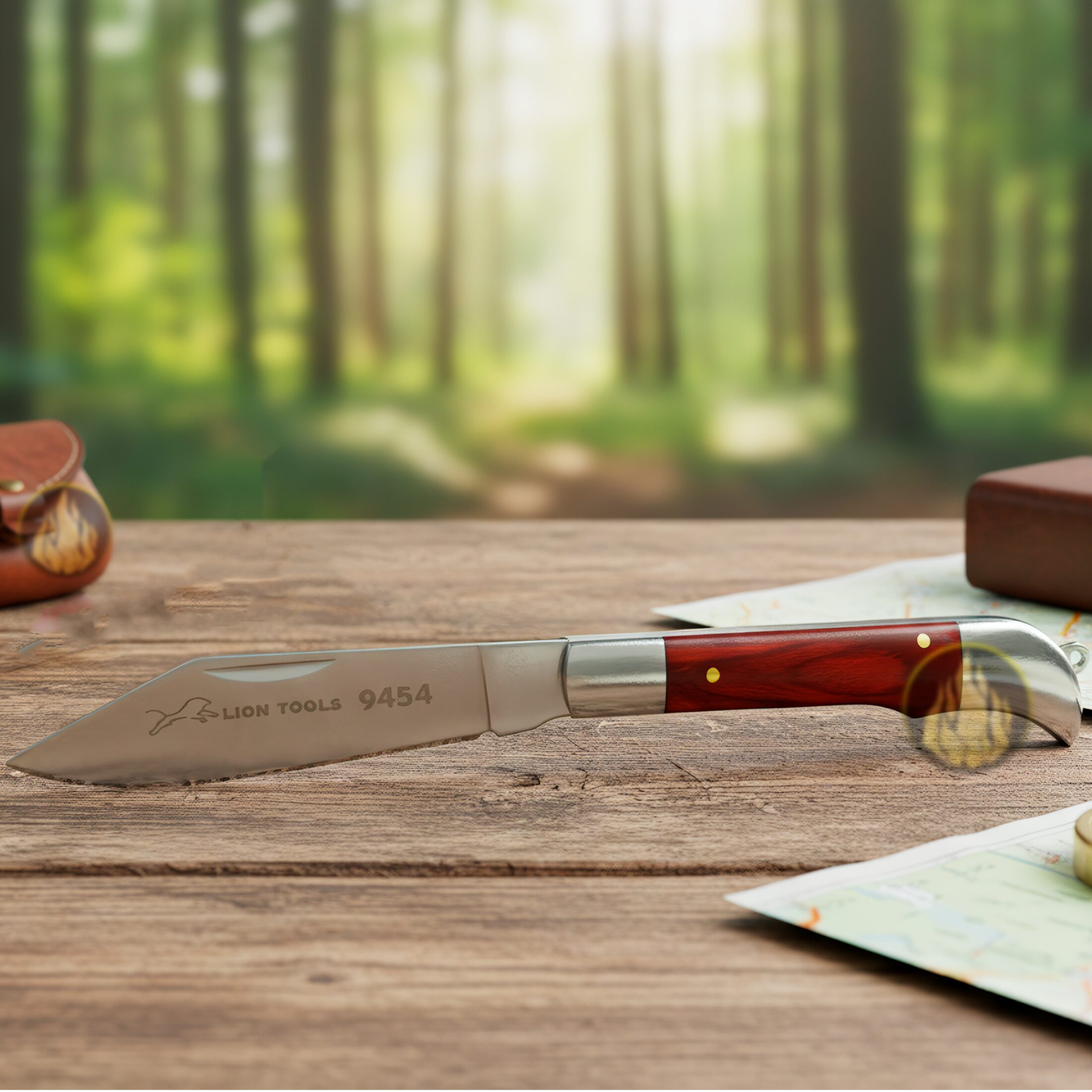 Navaja Cachas de Madera marca Lion Tools acero inoxidable 420 hoja afilada 7 cm mango madera apertura manual sistema pistón seguro navaja EDC bolsillo con bandola llavero 9454