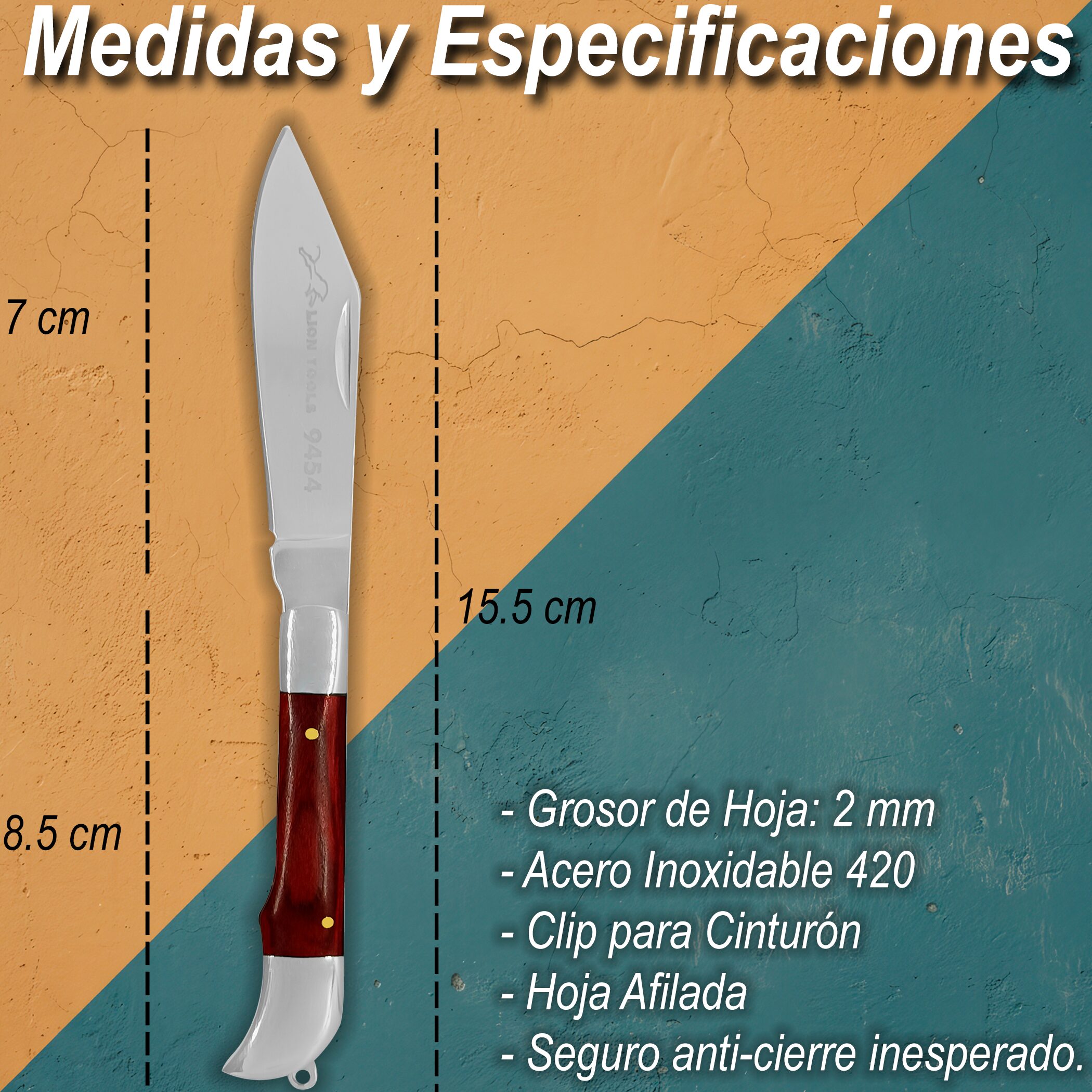 Navaja Cachas de Madera marca Lion Tools acero inoxidable 420 hoja afilada 7 cm mango madera apertura manual sistema pistón seguro navaja EDC bolsillo con bandola llavero 9454