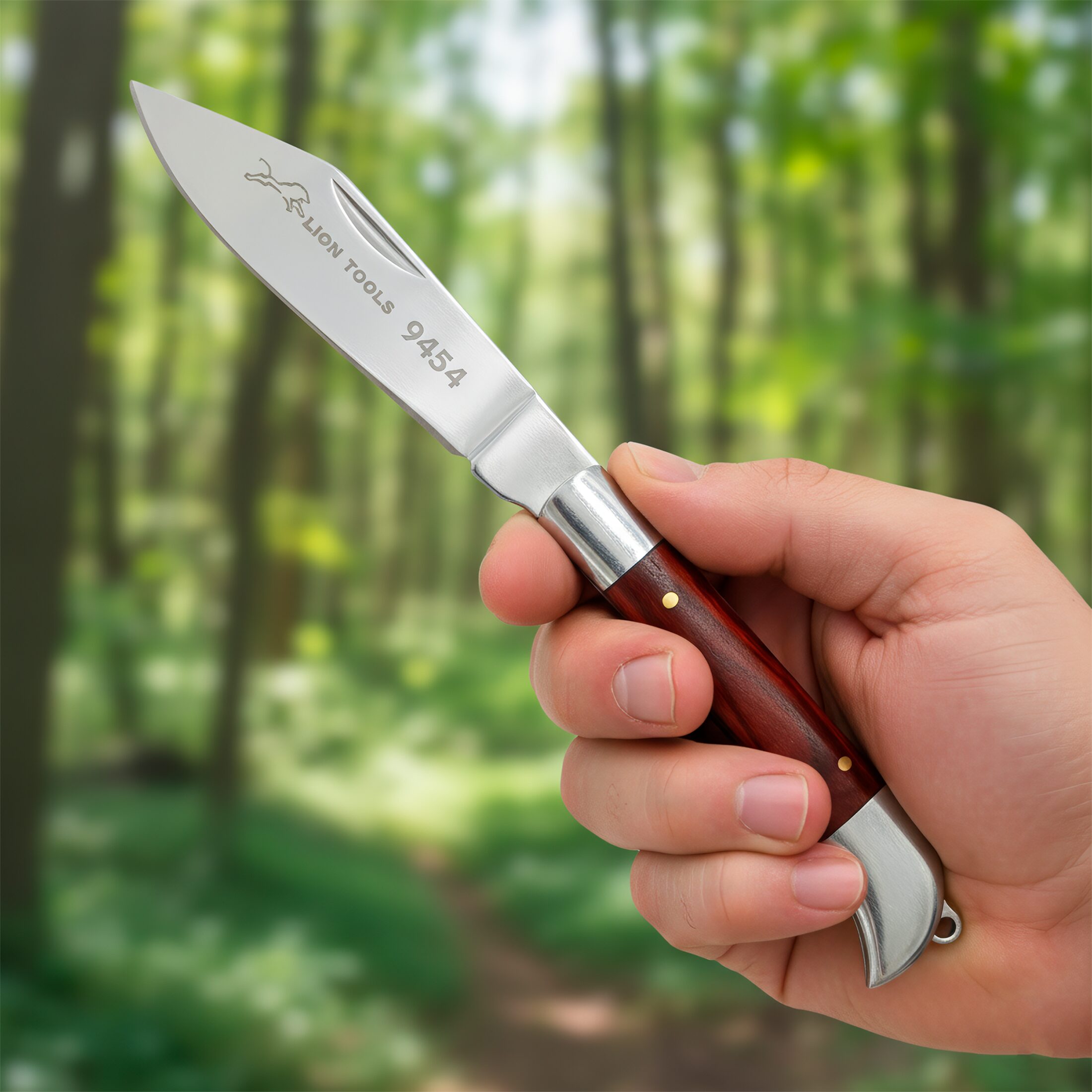 Navaja Cachas de Madera marca Lion Tools acero inoxidable 420 hoja afilada 7 cm mango madera apertura manual sistema pistón seguro navaja EDC bolsillo con bandola llavero 9454