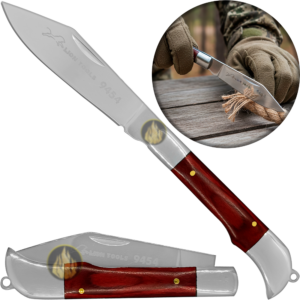 Navaja Cachas de Madera marca Lion Tools acero inoxidable 420 hoja afilada 7 cm mango madera apertura manual sistema pistón seguro navaja EDC bolsillo con bandola llavero 9454