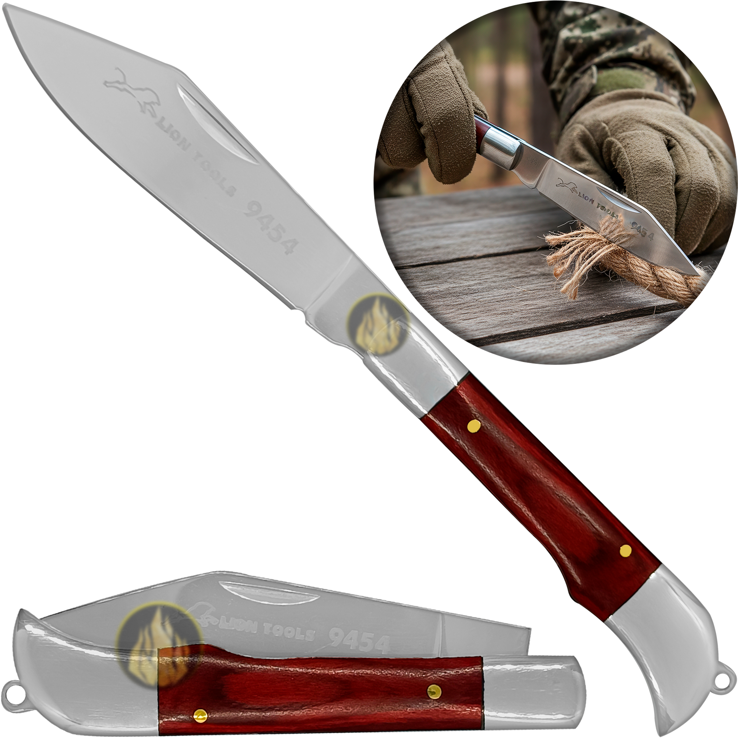 Navaja Cachas de Madera marca Lion Tools acero inoxidable 420 hoja afilada 7 cm mango madera apertura manual sistema pistón seguro navaja EDC bolsillo con bandola llavero 9454