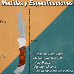 Navaja Cachas De Madera Muelle Uso Rudo marca Lion Tools modelo 6590, hoja de acero inoxidable 420 de 8 cm, apertura manual con seguro anti cierre y diseño clásico de caza.
