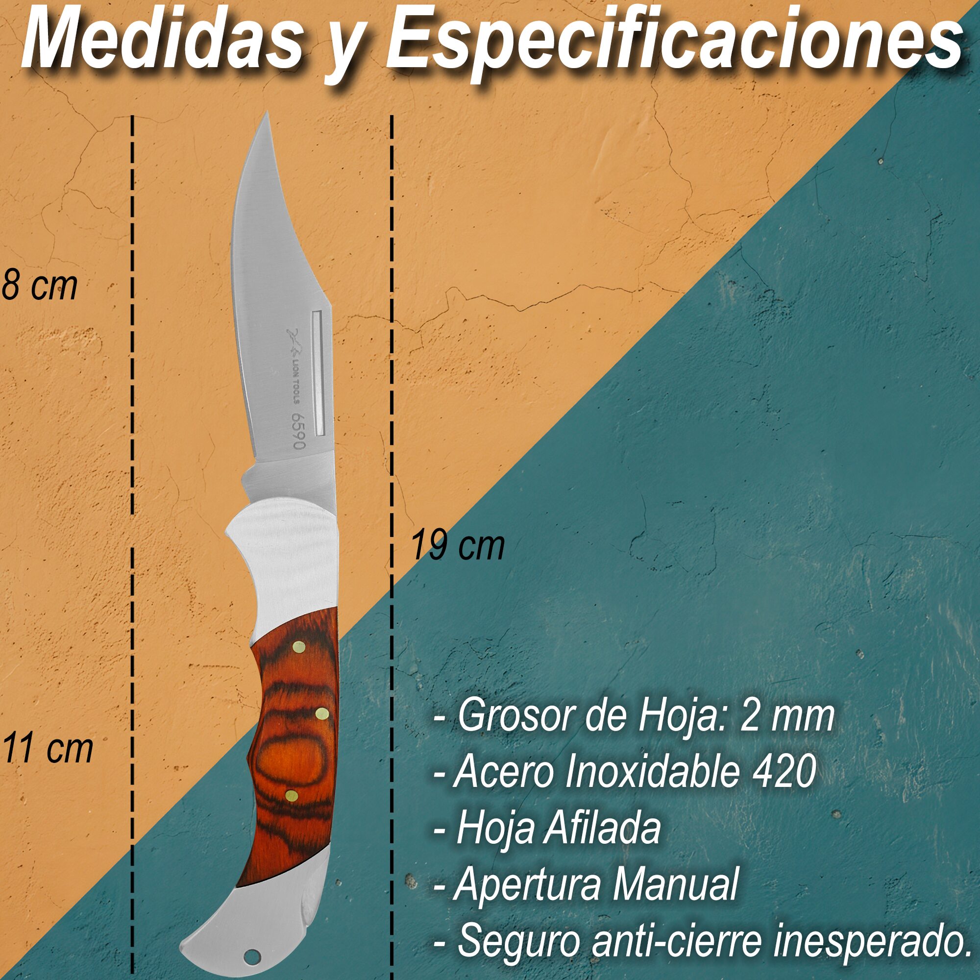 Navaja Cachas De Madera Muelle Uso Rudo marca Lion Tools modelo 6590, hoja de acero inoxidable 420 de 8 cm, apertura manual con seguro anti cierre y diseño clásico de caza.