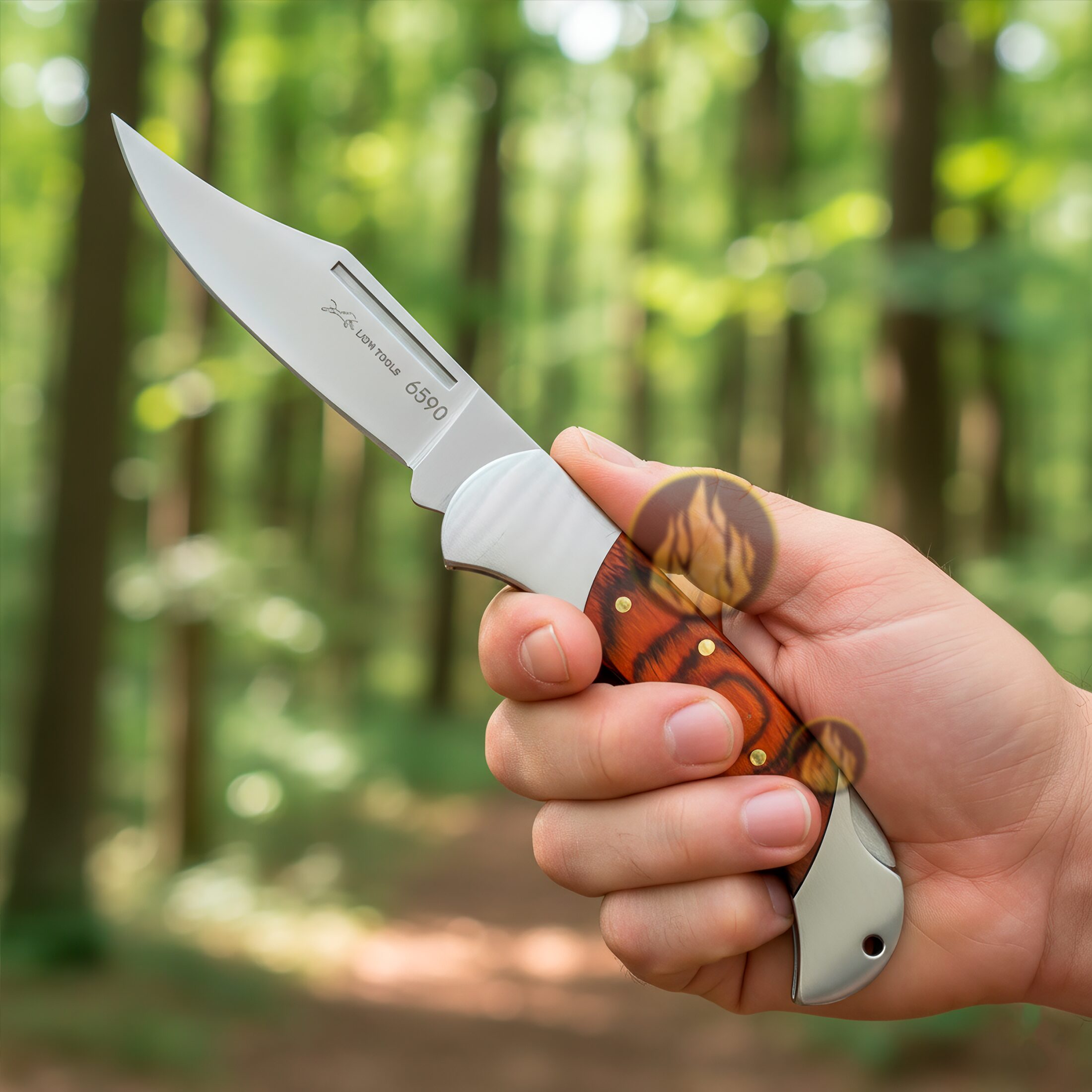 Navaja Cachas De Madera Muelle Uso Rudo marca Lion Tools modelo 6590, hoja de acero inoxidable 420 de 8 cm, apertura manual con seguro anti cierre y diseño clásico de caza.