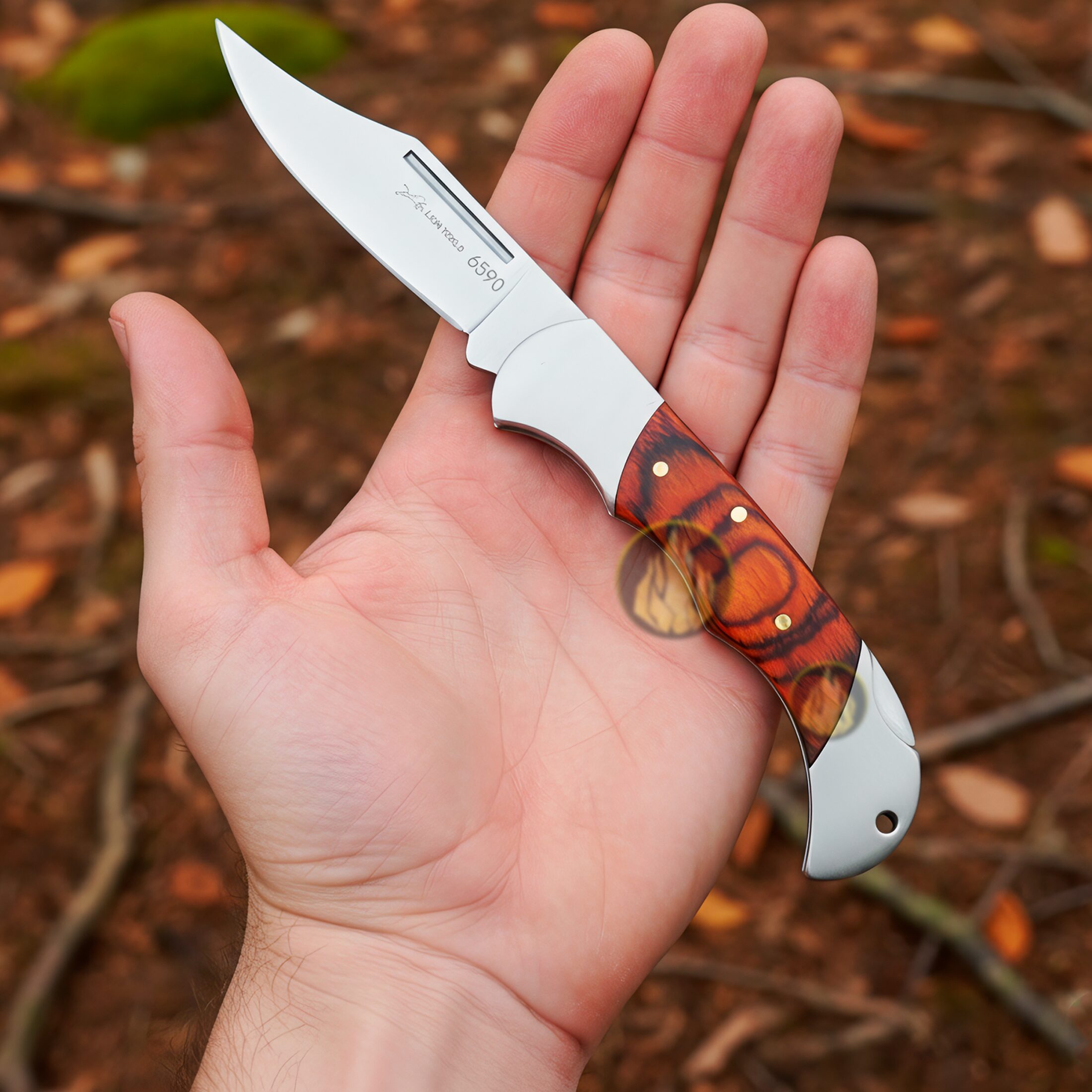 Navaja Cachas De Madera Muelle Uso Rudo marca Lion Tools modelo 6590, hoja de acero inoxidable 420 de 8 cm, apertura manual con seguro anti cierre y diseño clásico de caza.