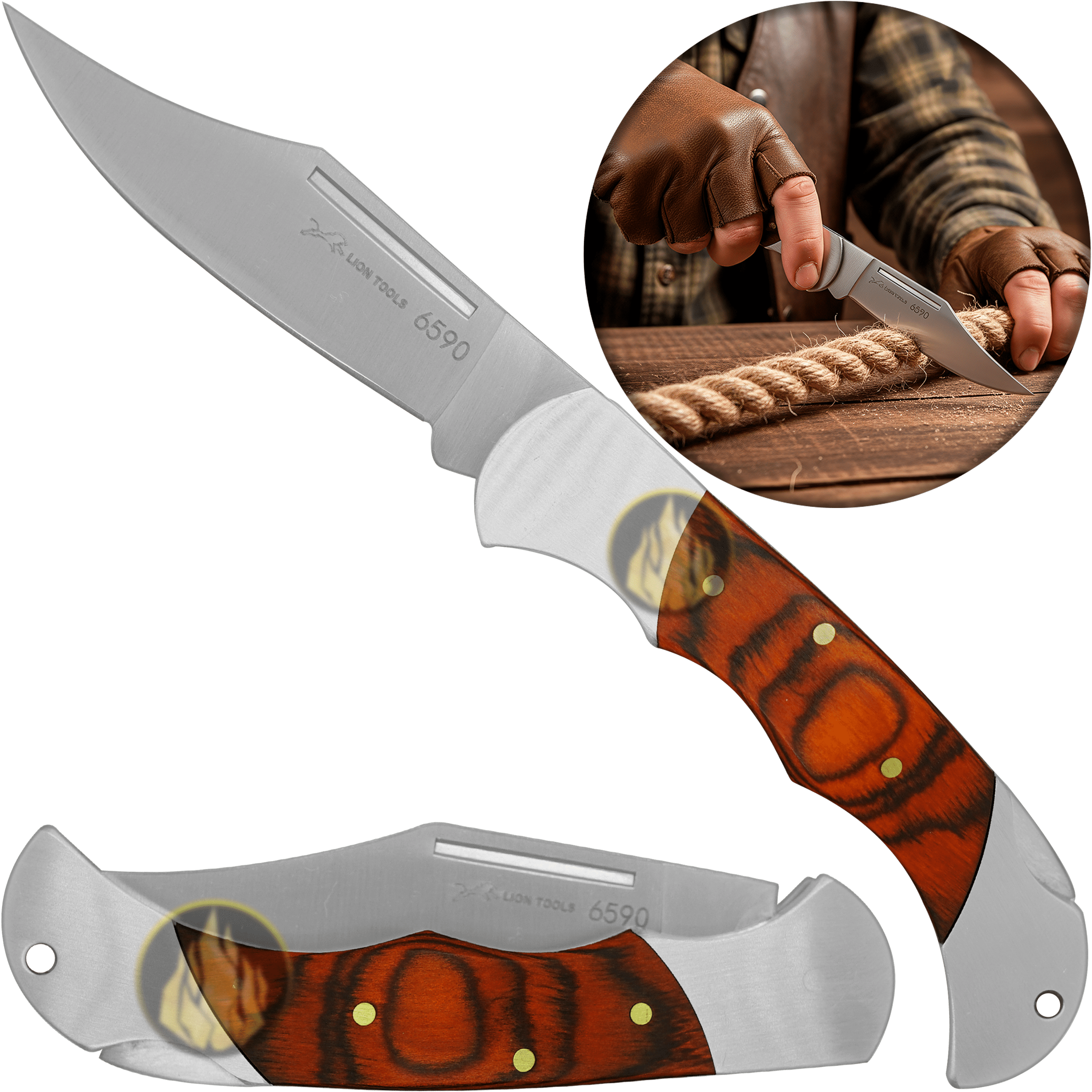 Navaja Cachas De Madera Muelle Uso Rudo marca Lion Tools modelo 6590, hoja de acero inoxidable 420 de 8 cm, apertura manual con seguro anti cierre y diseño clásico de caza.