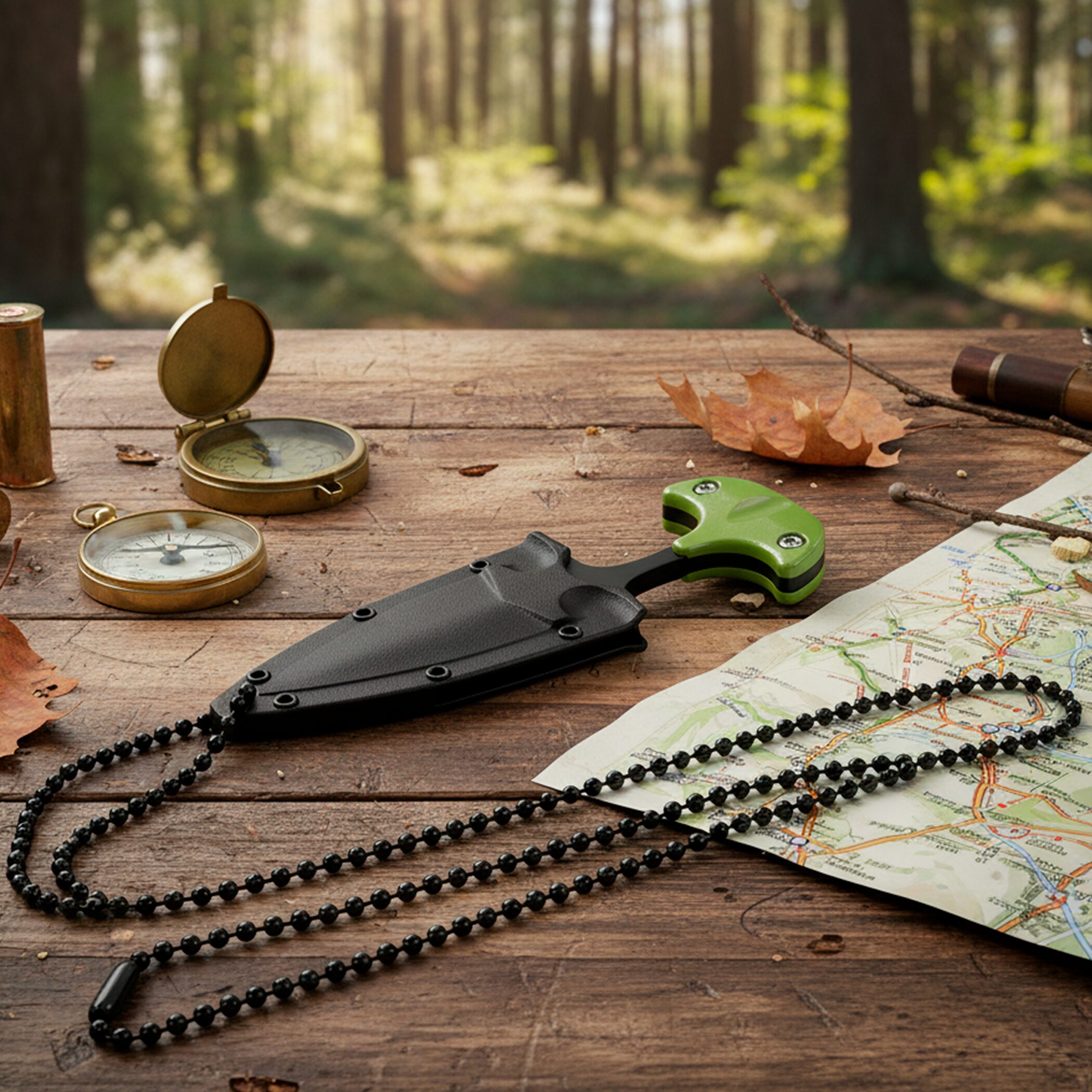 Navaja Cuchillo Collar Lion Tools verde militar con hoja de acero inoxidable 420 y funda rígida tipo collar 9591