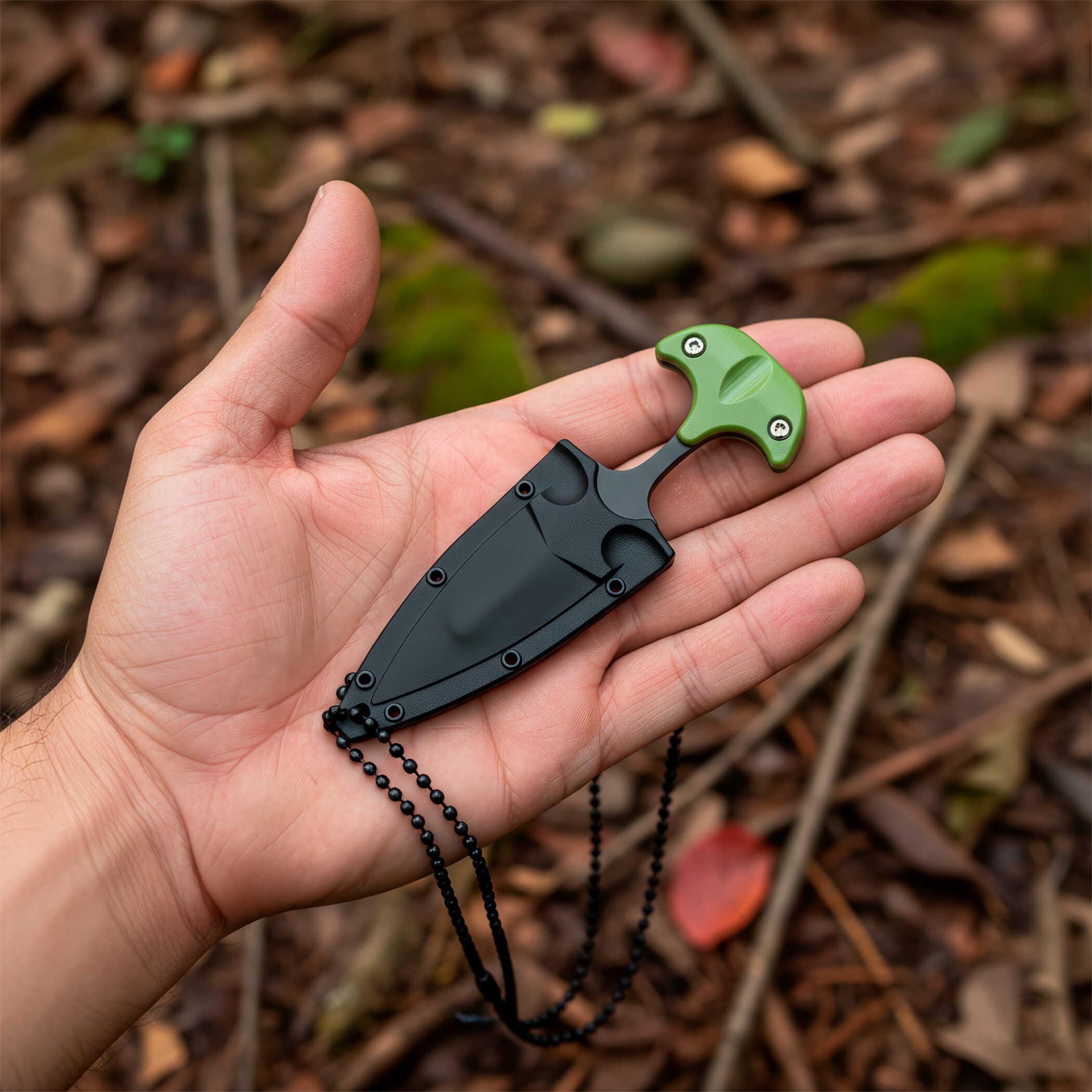 Navaja Cuchillo Collar Lion Tools verde militar con hoja de acero inoxidable 420 y funda rígida tipo collar 9591