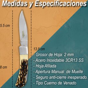 Navaja Cuerno De Venado Wallis modelo K901494 con hoja de acero inoxidable 3CR13 SS para caza y campismo. WA K901494