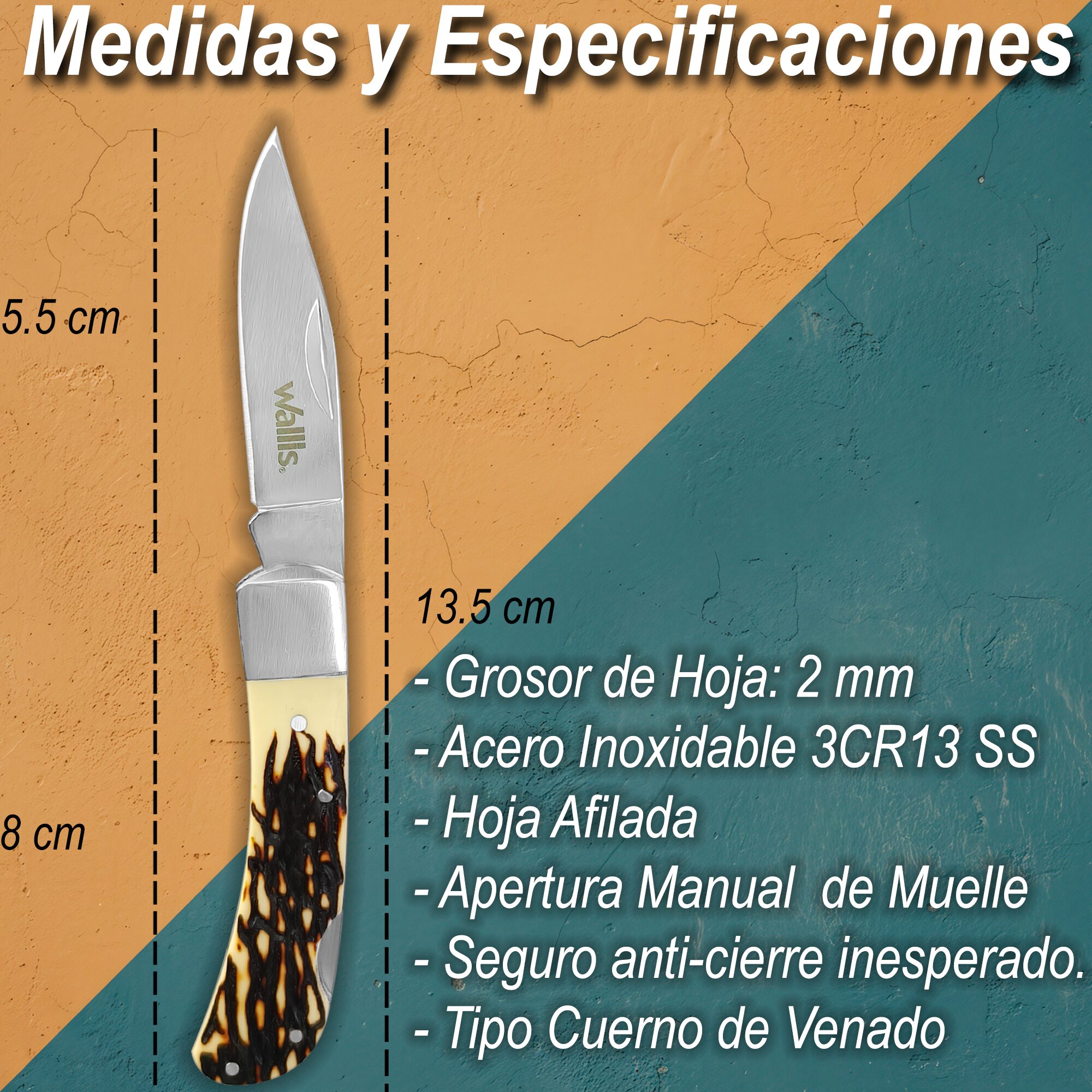 Navaja Cuerno De Venado Wallis modelo K901494 con hoja de acero inoxidable 3CR13 SS para caza y campismo. WA K901494