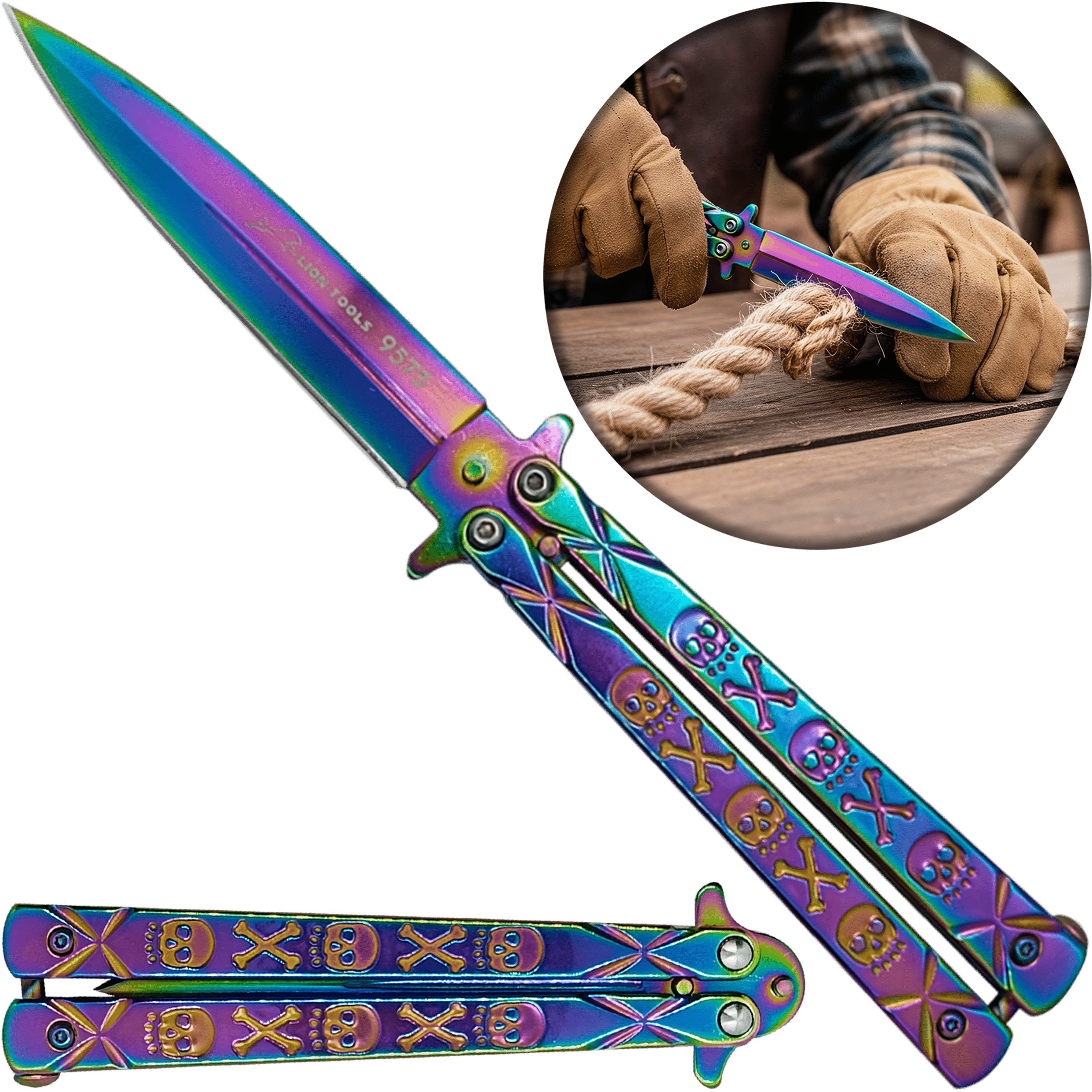 Navaja Mariposa Acero Afilada Tornasol Lion Tools con hoja de acero inoxidable 420 y seguro anti cierre. 9575