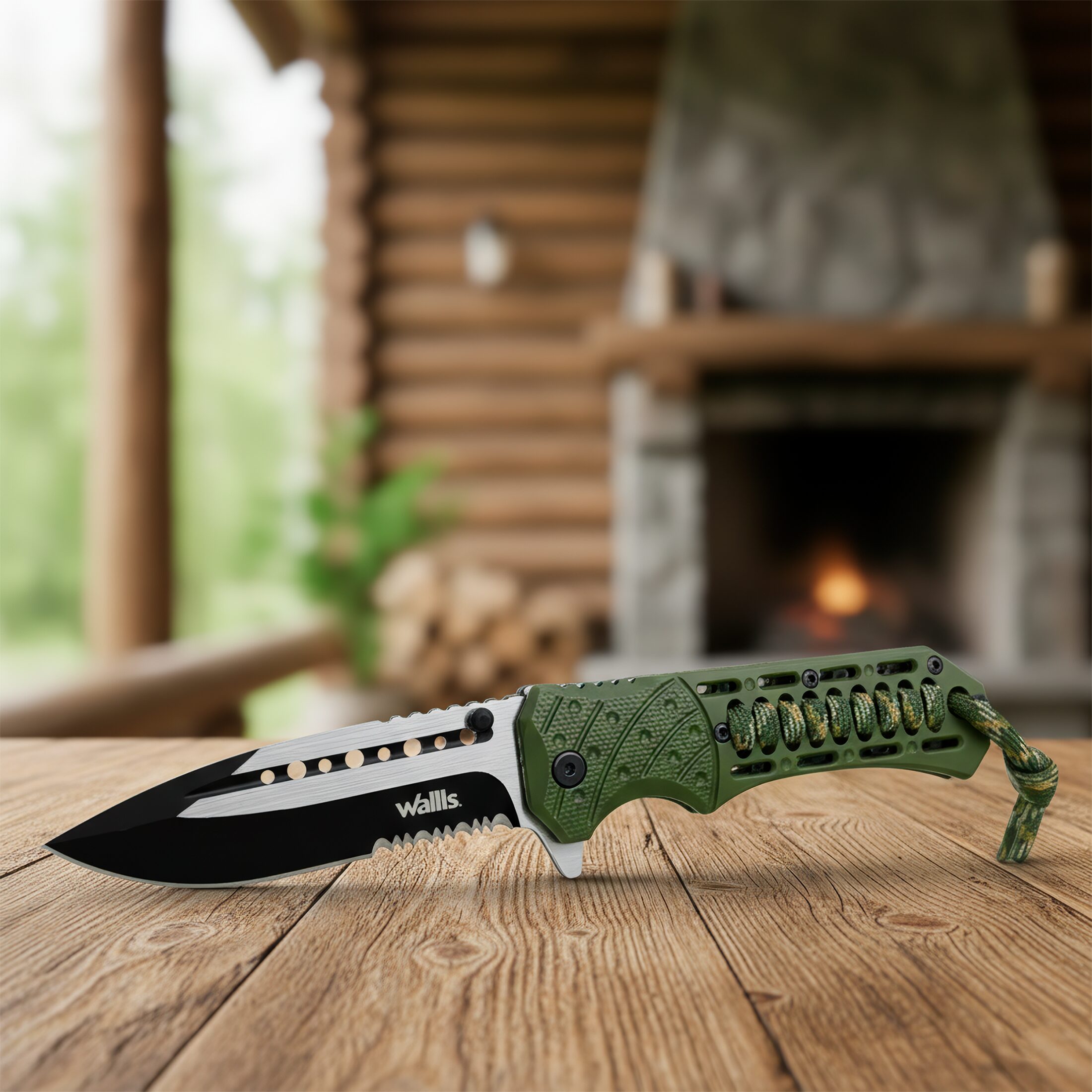 Navaja Militar Rompe Vidrios Acero Inoxidable marca Wallis modelo K901365, hoja lisa y dentada de 9.7 cm, rompe vidrios y cuerda paracord, diseño táctico verde.