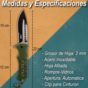 Navaja Automatica Rompe Vidrios Acero Inoxidable marca Wallis modelo K901365, hoja lisa y dentada de 9.7 cm, rompe vidrios y cuerda paracord, diseño táctico verde.