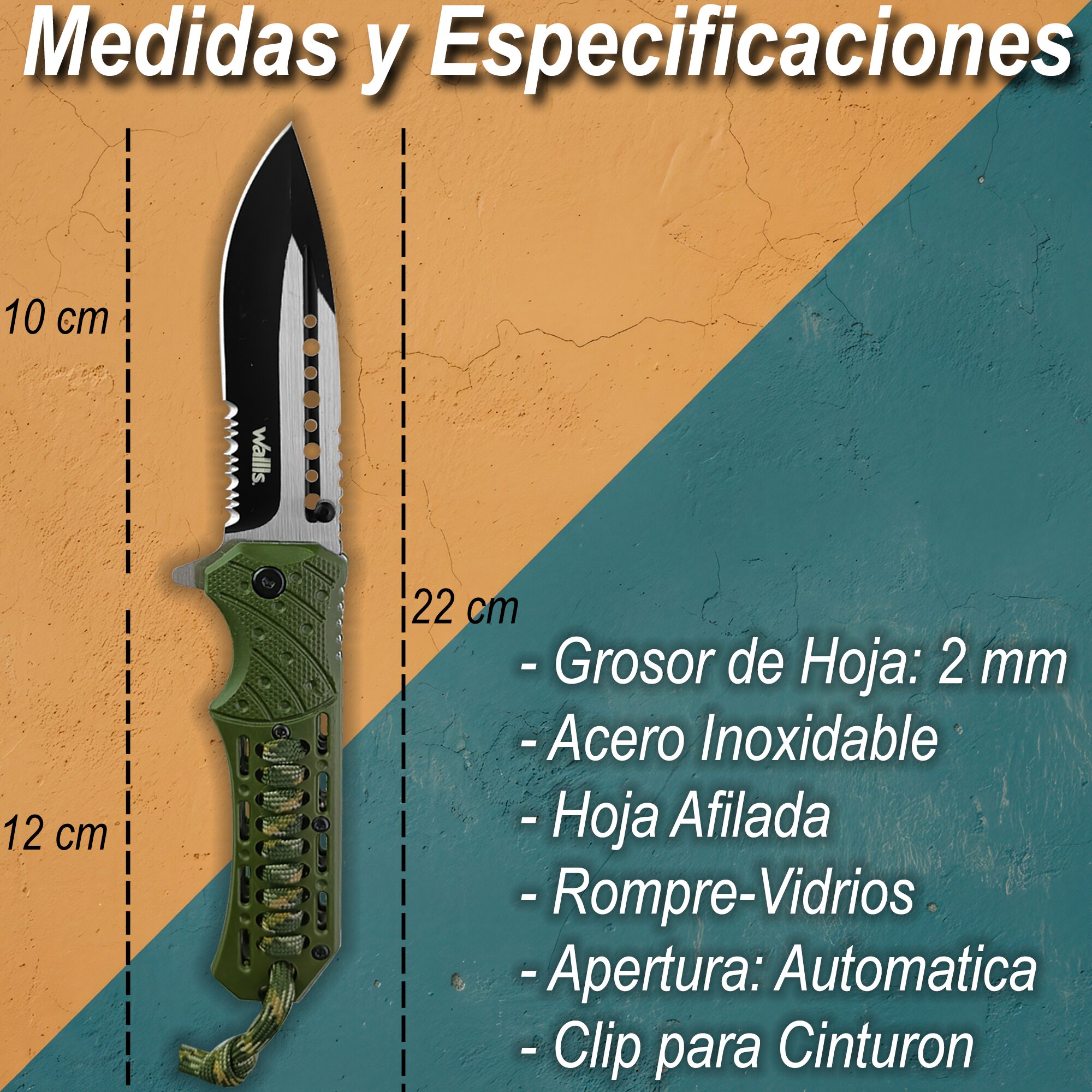 Navaja Militar Rompe Vidrios Acero Inoxidable marca Wallis modelo K901365, hoja lisa y dentada de 9.7 cm, rompe vidrios y cuerda paracord, diseño táctico verde.