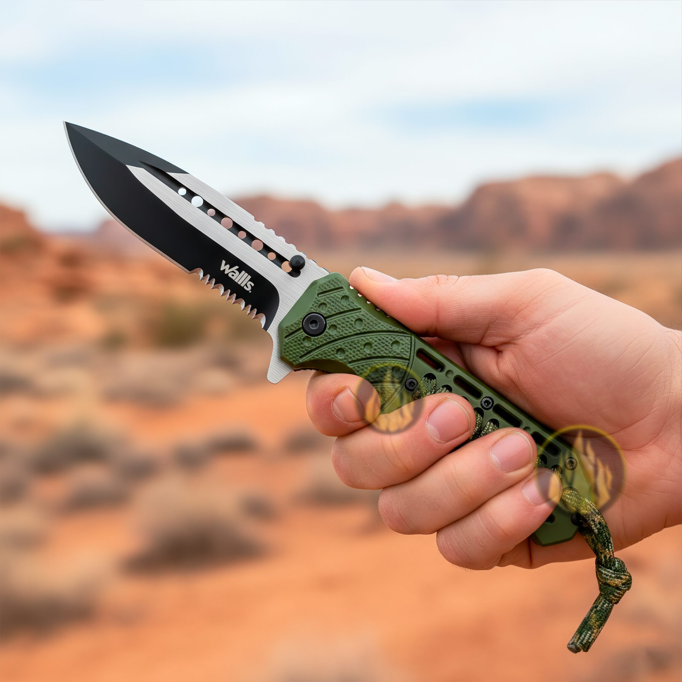 Navaja Militar Rompe Vidrios Acero Inoxidable marca Wallis modelo K901365, hoja lisa y dentada de 9.7 cm, rompe vidrios y cuerda paracord, diseño táctico verde.
