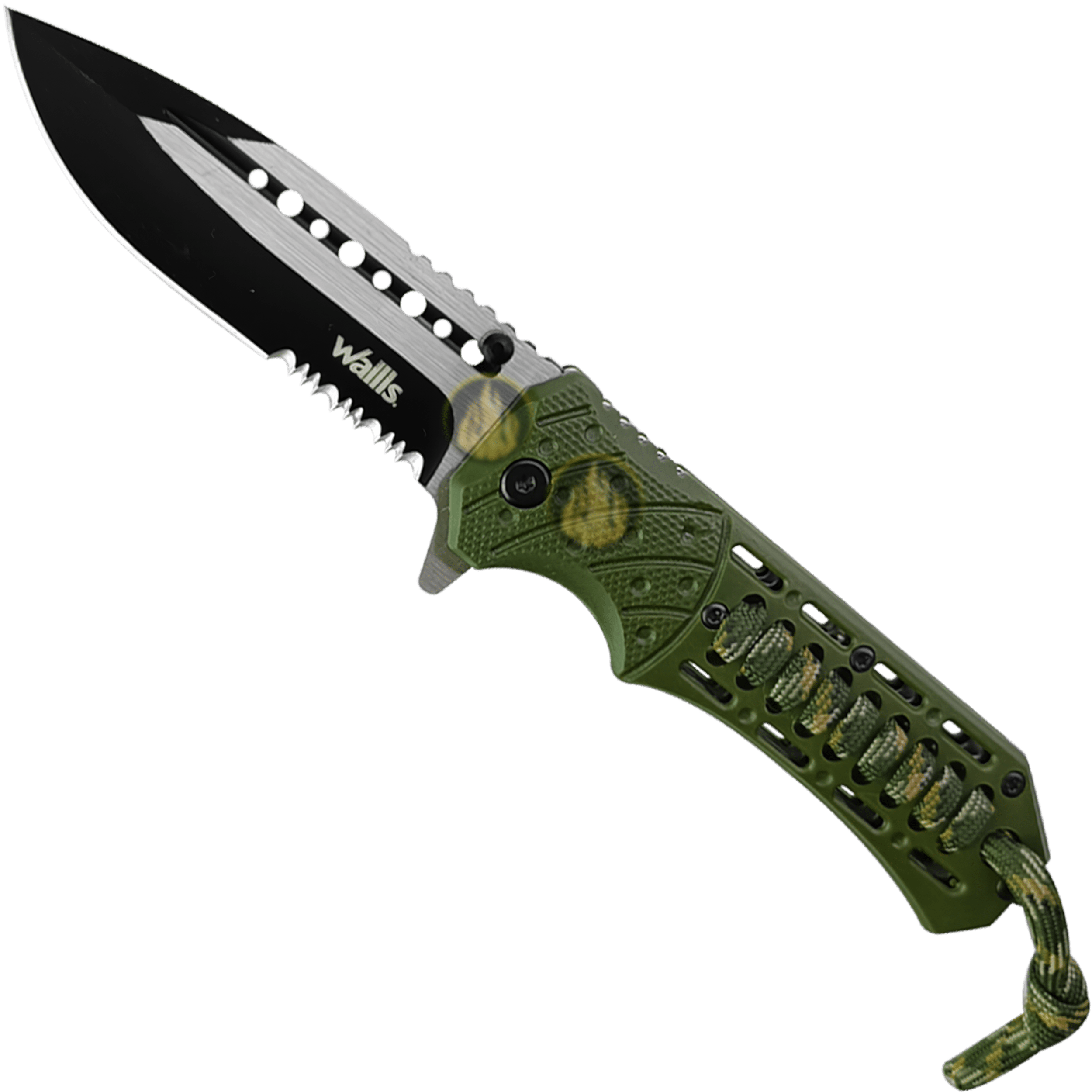 Navaja Militar Rompe Vidrios Acero Inoxidable marca Wallis modelo K901365, hoja lisa y dentada de 9.7 cm, rompe vidrios y cuerda paracord, diseño táctico verde.