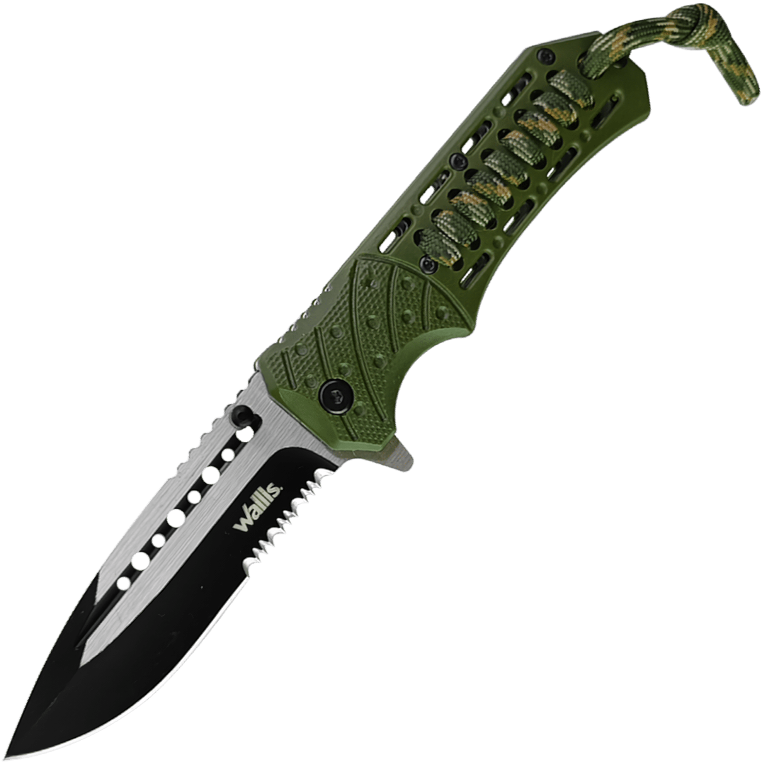Navaja Militar Rompe Vidrios Acero Inoxidable marca Wallis modelo K901365, hoja lisa y dentada de 9.7 cm, rompe vidrios y cuerda paracord, diseño táctico verde.