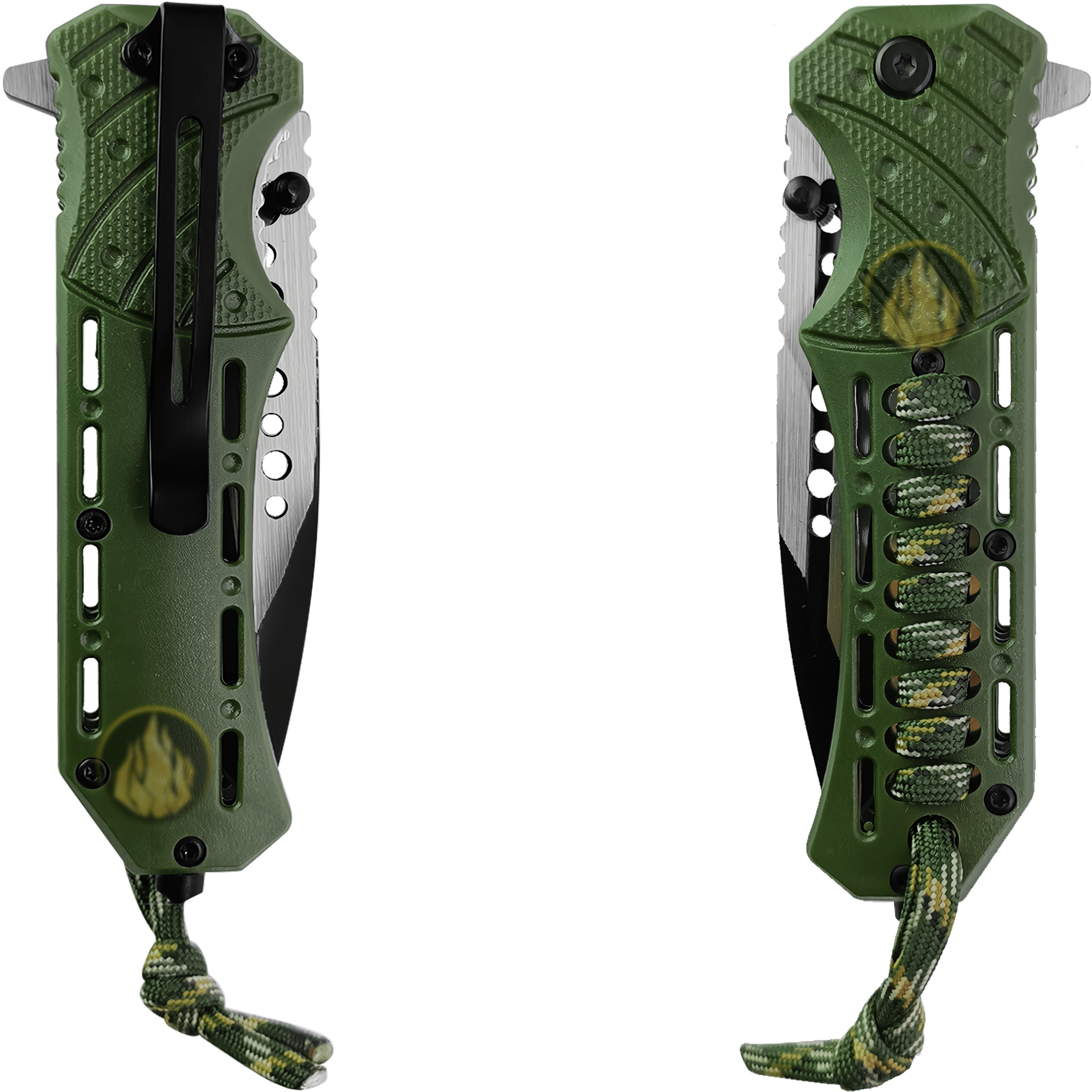 Navaja Militar Rompe Vidrios Acero Inoxidable marca Wallis modelo K901365, hoja lisa y dentada de 9.7 cm, rompe vidrios y cuerda paracord, diseño táctico verde.