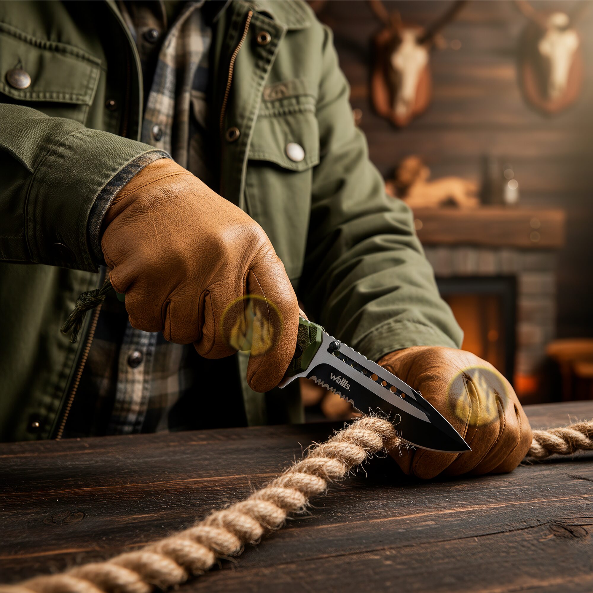 Navaja Militar Rompe Vidrios Acero Inoxidable marca Wallis modelo K901365, hoja lisa y dentada de 9.7 cm, rompe vidrios y cuerda paracord, diseño táctico verde.