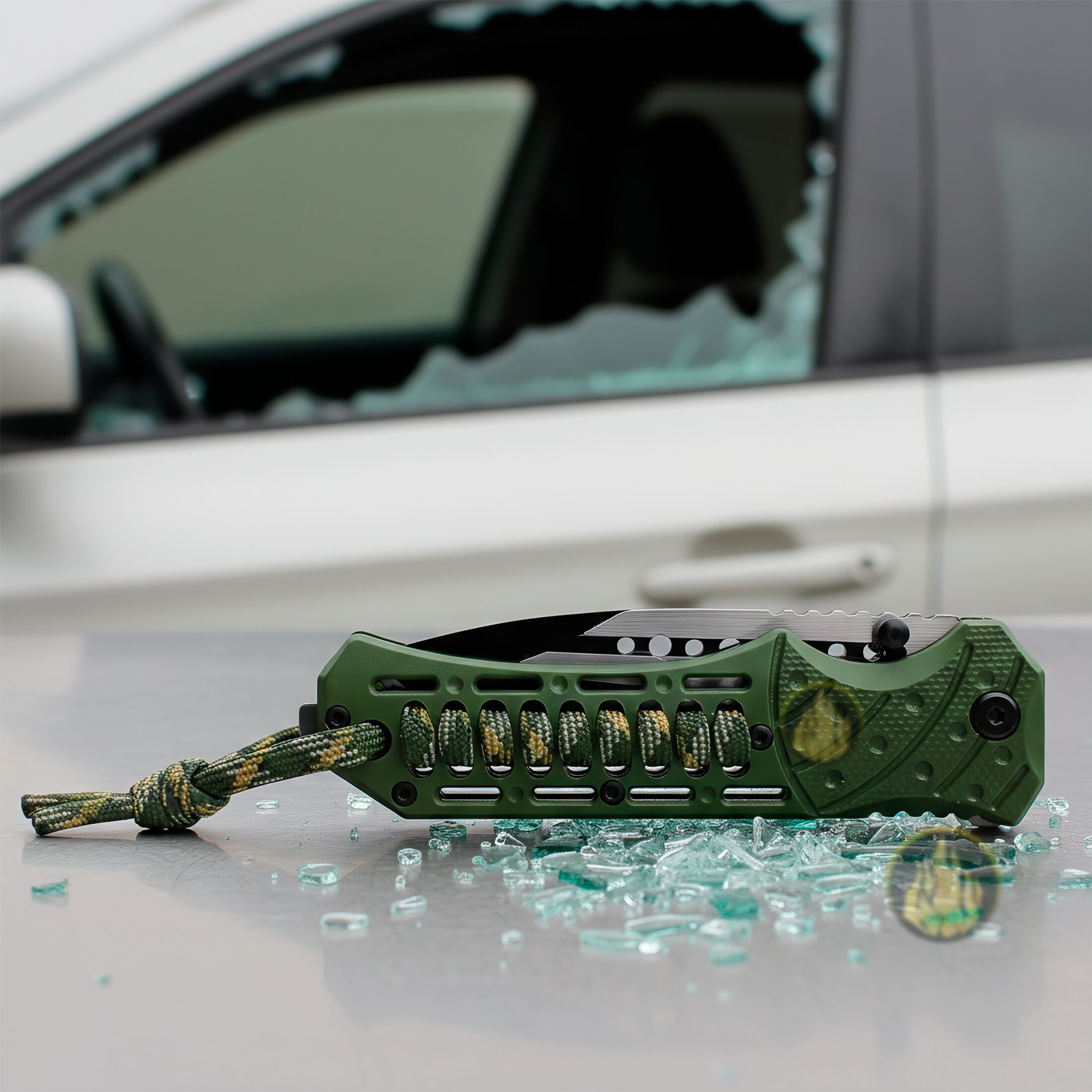 Navaja Militar Rompe Vidrios Acero Inoxidable marca Wallis modelo K901365, hoja lisa y dentada de 9.7 cm, rompe vidrios y cuerda paracord, diseño táctico verde.