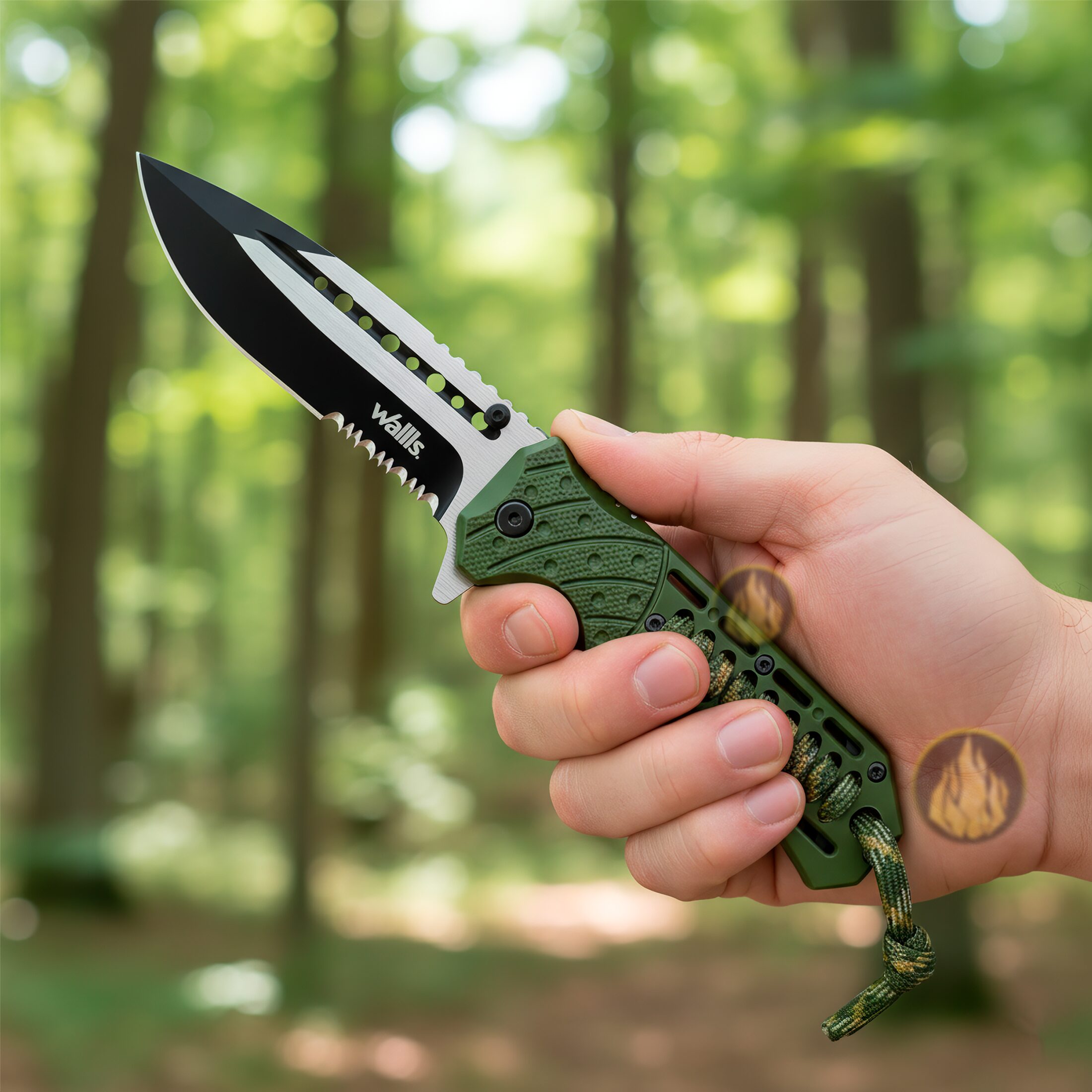 Navaja Militar Rompe Vidrios Acero Inoxidable marca Wallis modelo K901365, hoja lisa y dentada de 9.7 cm, rompe vidrios y cuerda paracord, diseño táctico verde.