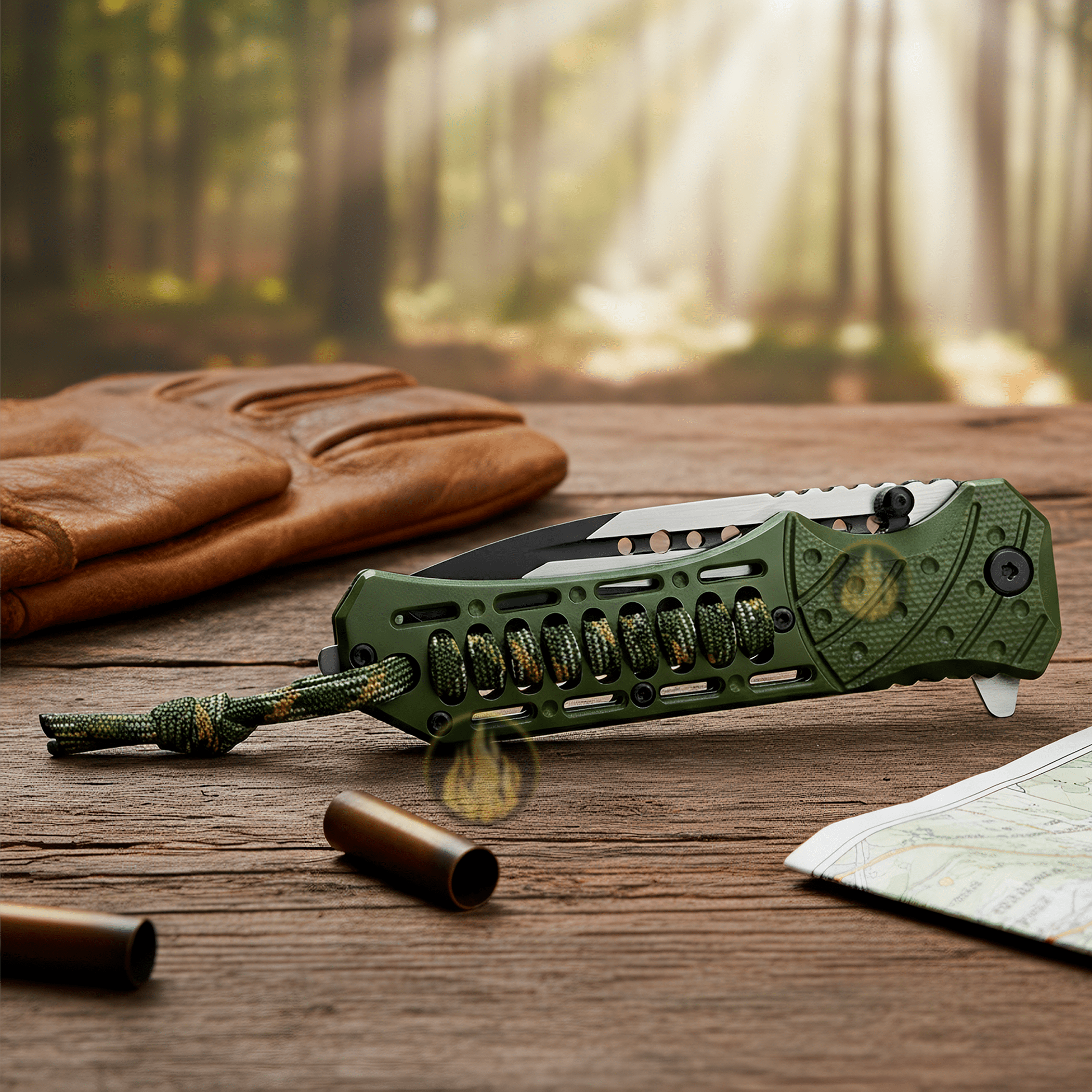 Navaja Militar Rompe Vidrios Acero Inoxidable marca Wallis modelo K901365, hoja lisa y dentada de 9.7 cm, rompe vidrios y cuerda paracord, diseño táctico verde.