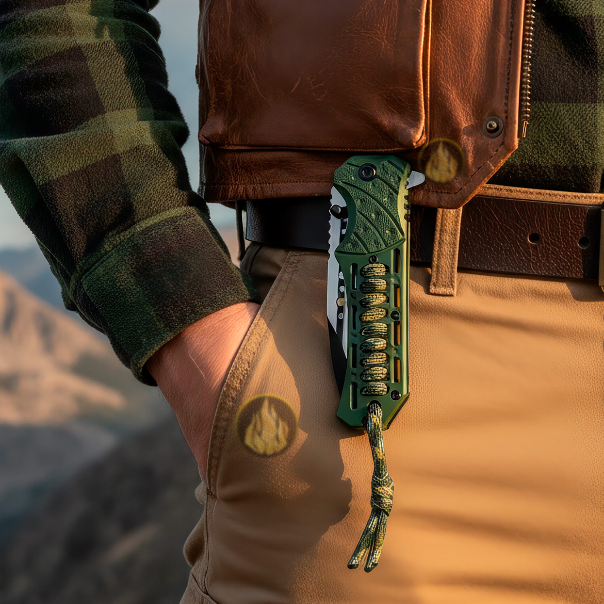 Navaja Militar Rompe Vidrios Acero Inoxidable marca Wallis modelo K901365, hoja lisa y dentada de 9.7 cm, rompe vidrios y cuerda paracord, diseño táctico verde.