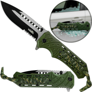 Navaja Militar Rompe Vidrios Acero Inoxidable marca Wallis modelo K901365, hoja lisa y dentada de 9.7 cm, rompe vidrios y cuerda paracord, diseño táctico verde.