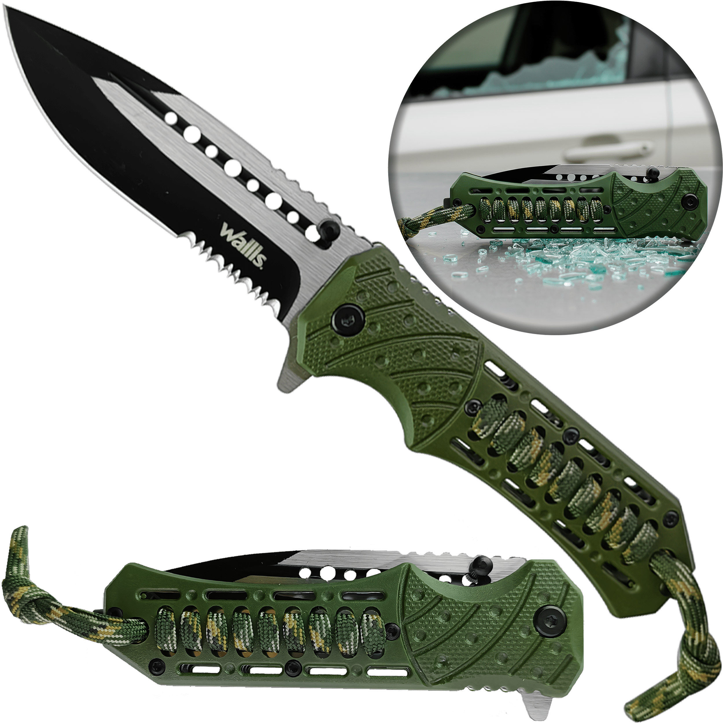 Navaja Militar Rompe Vidrios Acero Inoxidable marca Wallis modelo K901365, hoja lisa y dentada de 9.7 cm, rompe vidrios y cuerda paracord, diseño táctico verde.
