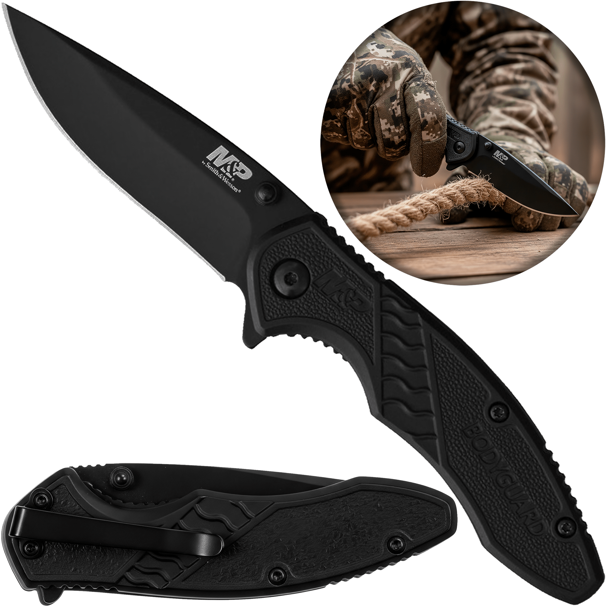 Navaja Smith & Wesson Bodyguard Linerlock Acero SW1085890 marca Smith & Wesson, hoja 8Cr13MoV Drop Point de 7.2 cm, diseño compacto y ligero.