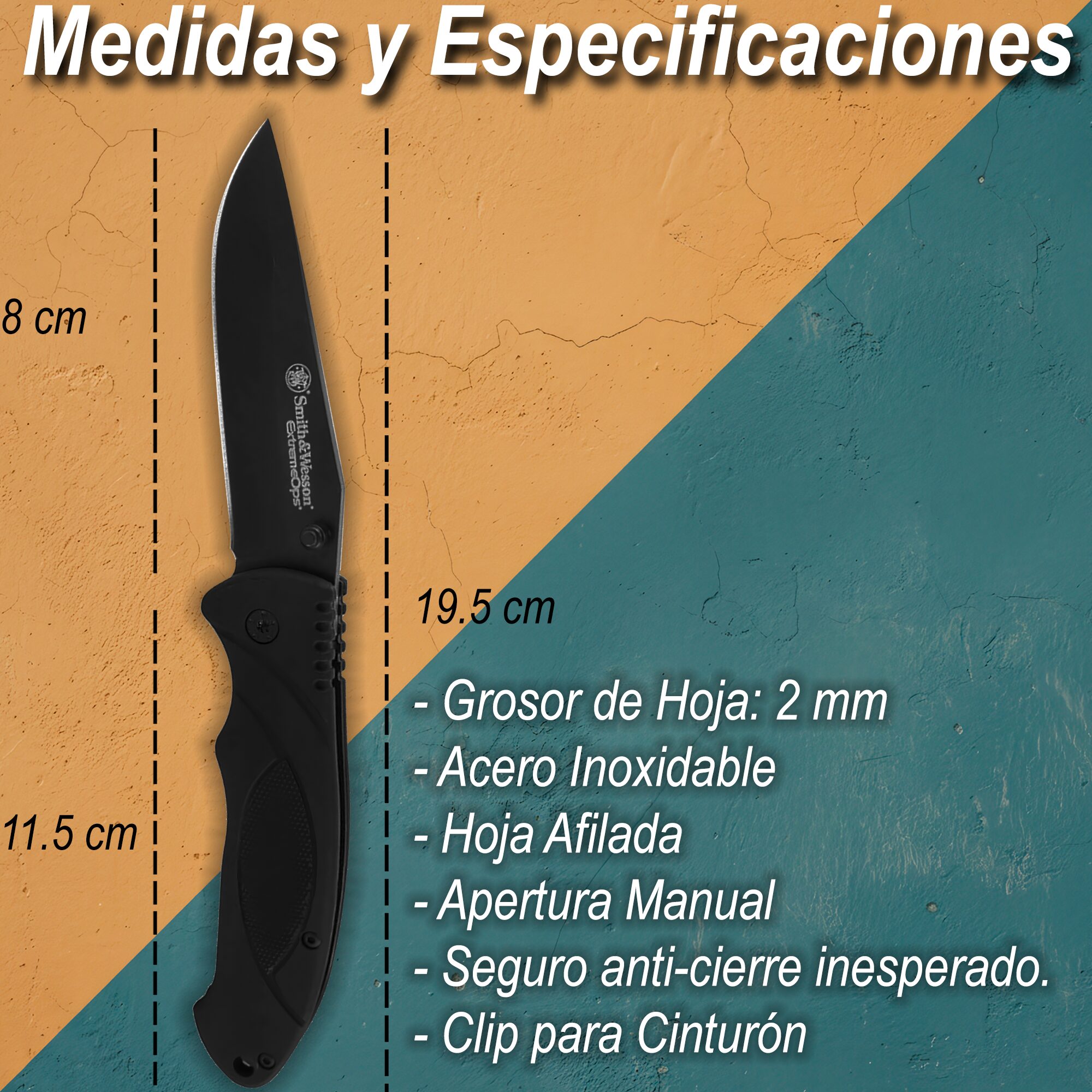 Navaja Smith & Wesson Extreme Ops Linerlock SWA25 de acero inoxidable 7Cr17MoV alto carbono, hoja Drop Point, diseño táctico resistente para uso diario.