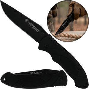 Navaja Smith & Wesson Extreme Ops Linerlock SWA25 de acero inoxidable 7Cr17MoV alto carbono, hoja Drop Point, diseño táctico resistente para uso diario.