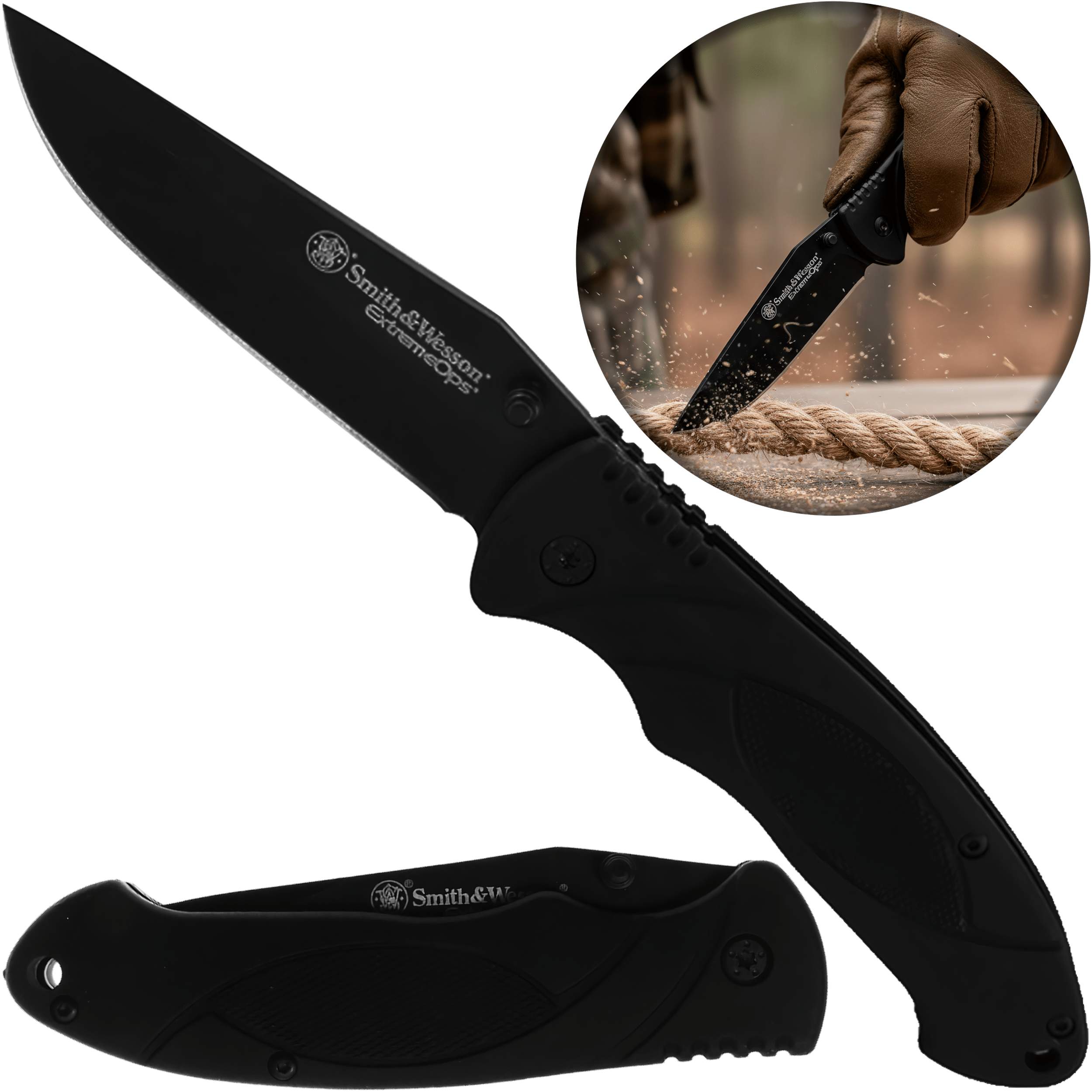 Navaja Smith & Wesson Extreme Ops Linerlock SWA25 de acero inoxidable 7Cr17MoV alto carbono, hoja Drop Point, diseño táctico resistente para uso diario.