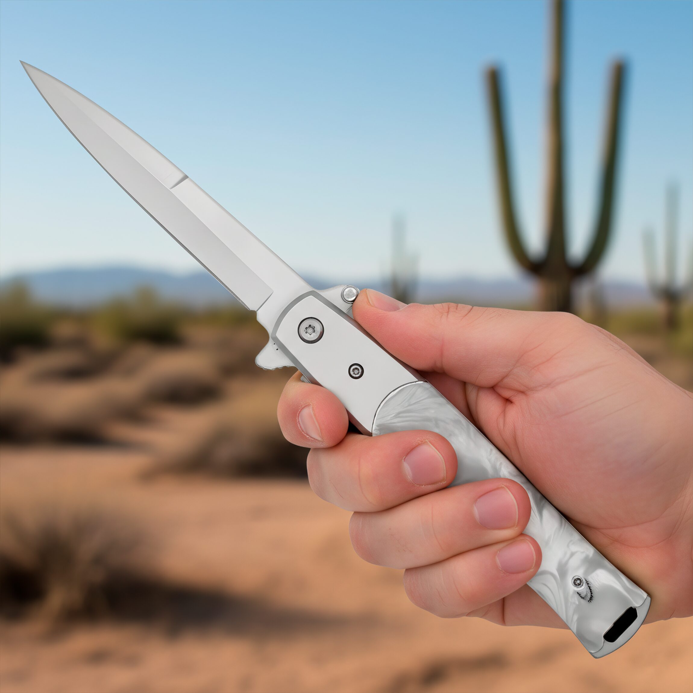 Navaja Stiletto Automática italiana con mango de madera y hoja lisa de acero inoxidable 440, diseño táctico clásico marca Razor Tactical con apertura automática y seguro anti cierre. RT 7033PE