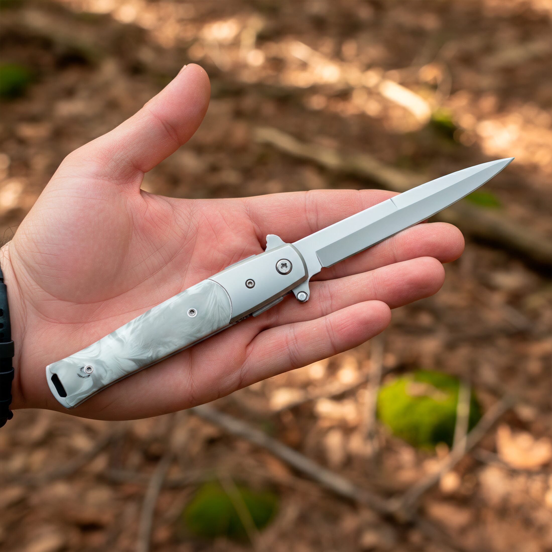 Navaja Stiletto Automática italiana con mango de madera y hoja lisa de acero inoxidable 440, diseño táctico clásico marca Razor Tactical con apertura automática y seguro anti cierre. RT 7033PE