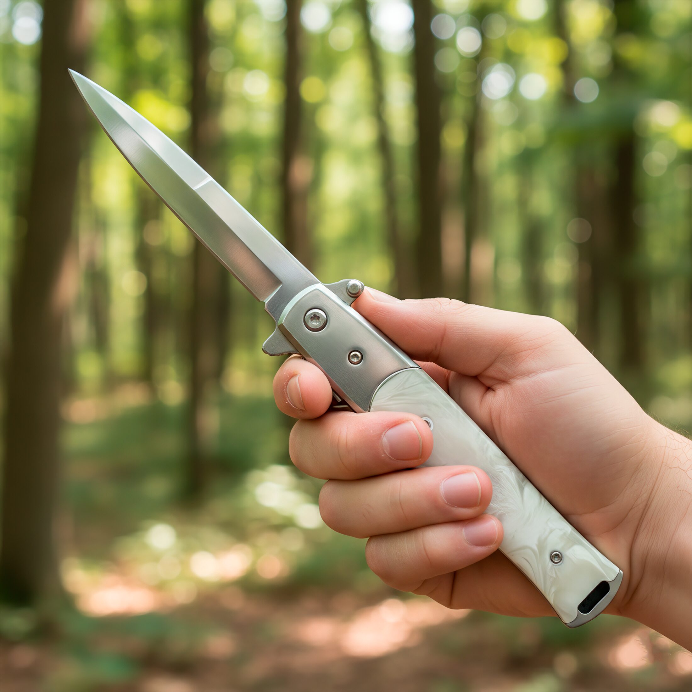Navaja Stiletto Automática italiana con mango de madera y hoja lisa de acero inoxidable 440, diseño táctico clásico marca Razor Tactical con apertura automática y seguro anti cierre. RT 7033PE
