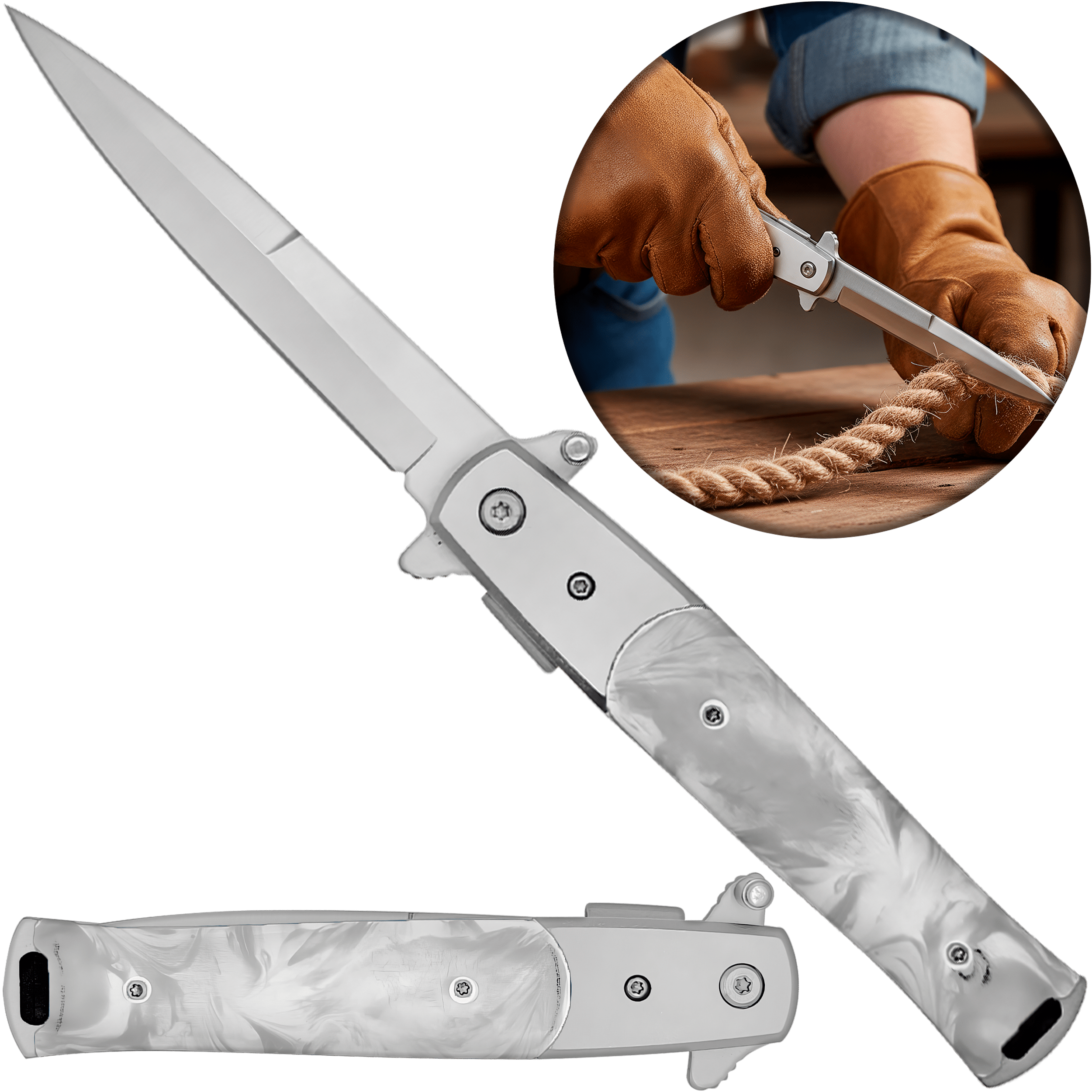 Navaja Stiletto Automática italiana con mango de madera y hoja lisa de acero inoxidable 440, diseño táctico clásico marca Razor Tactical con apertura automática y seguro anti cierre. RT 7033PE