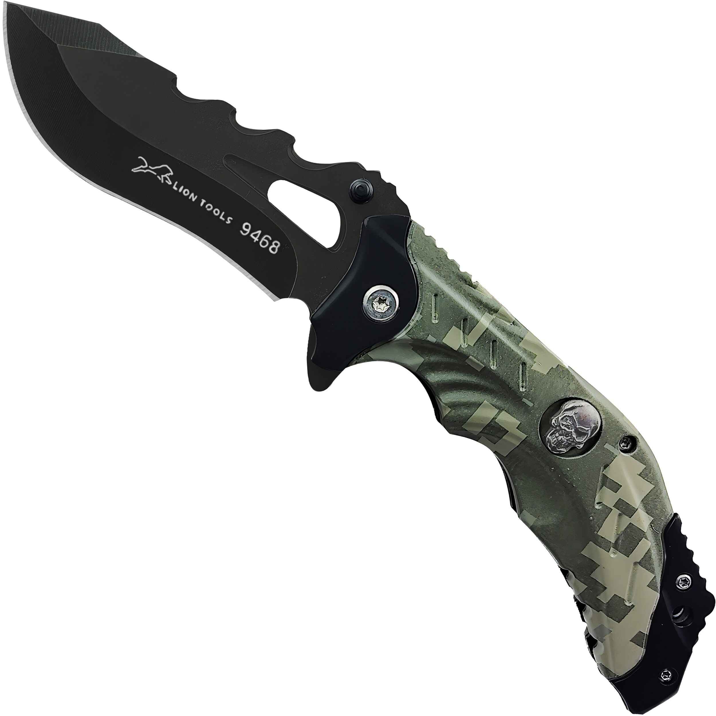 Navaja Táctica Militar Automática Lion Tools modelo 9468 camuflaje verde con hoja de acero inoxidable 420.