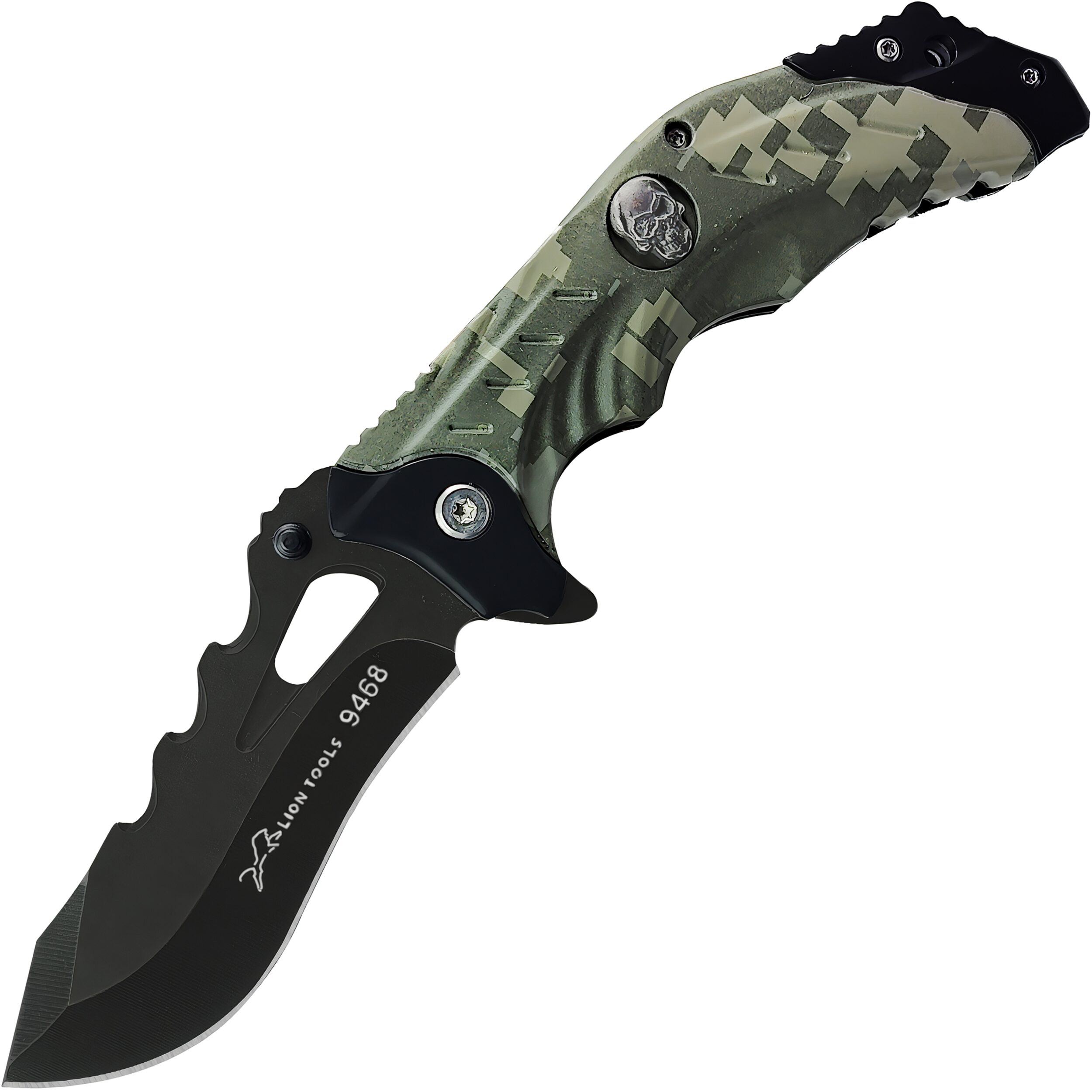 Navaja Táctica Militar Automática Lion Tools modelo 9468 camuflaje verde con hoja de acero inoxidable 420.