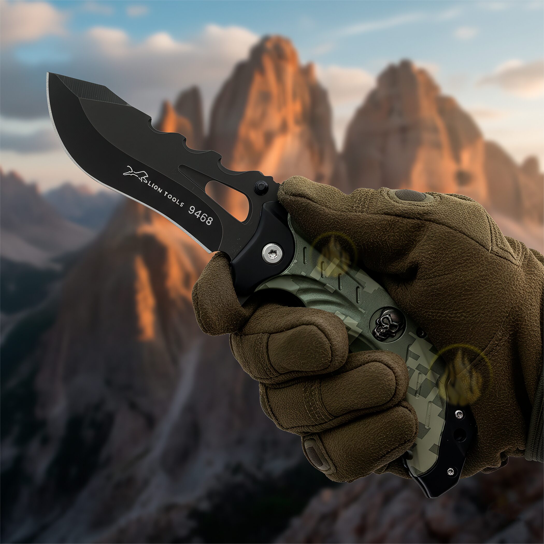 Navaja Táctica Militar Automática Lion Tools modelo 9468 camuflaje verde con hoja de acero inoxidable 420.