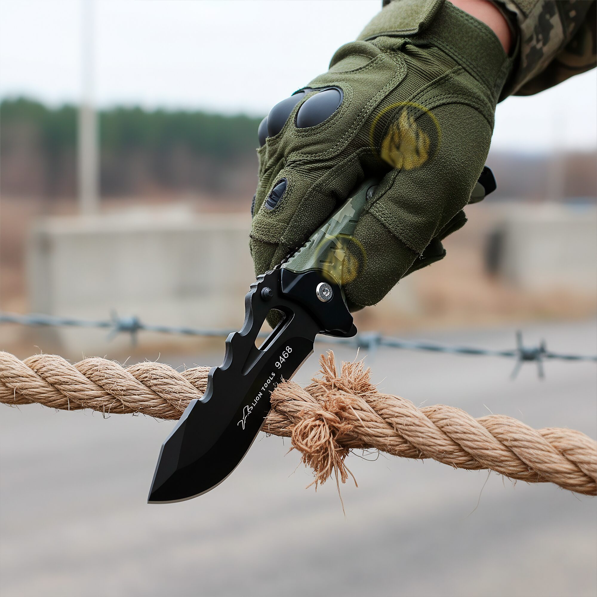 Navaja Táctica Militar Automática Lion Tools modelo 9468 camuflaje verde con hoja de acero inoxidable 420.