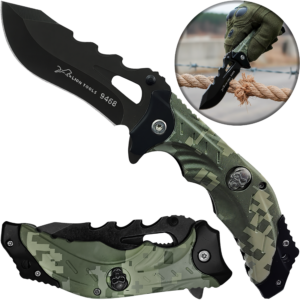 Navaja Táctica Militar Automática Lion Tools modelo 9468 camuflaje verde con hoja de acero inoxidable 420.
