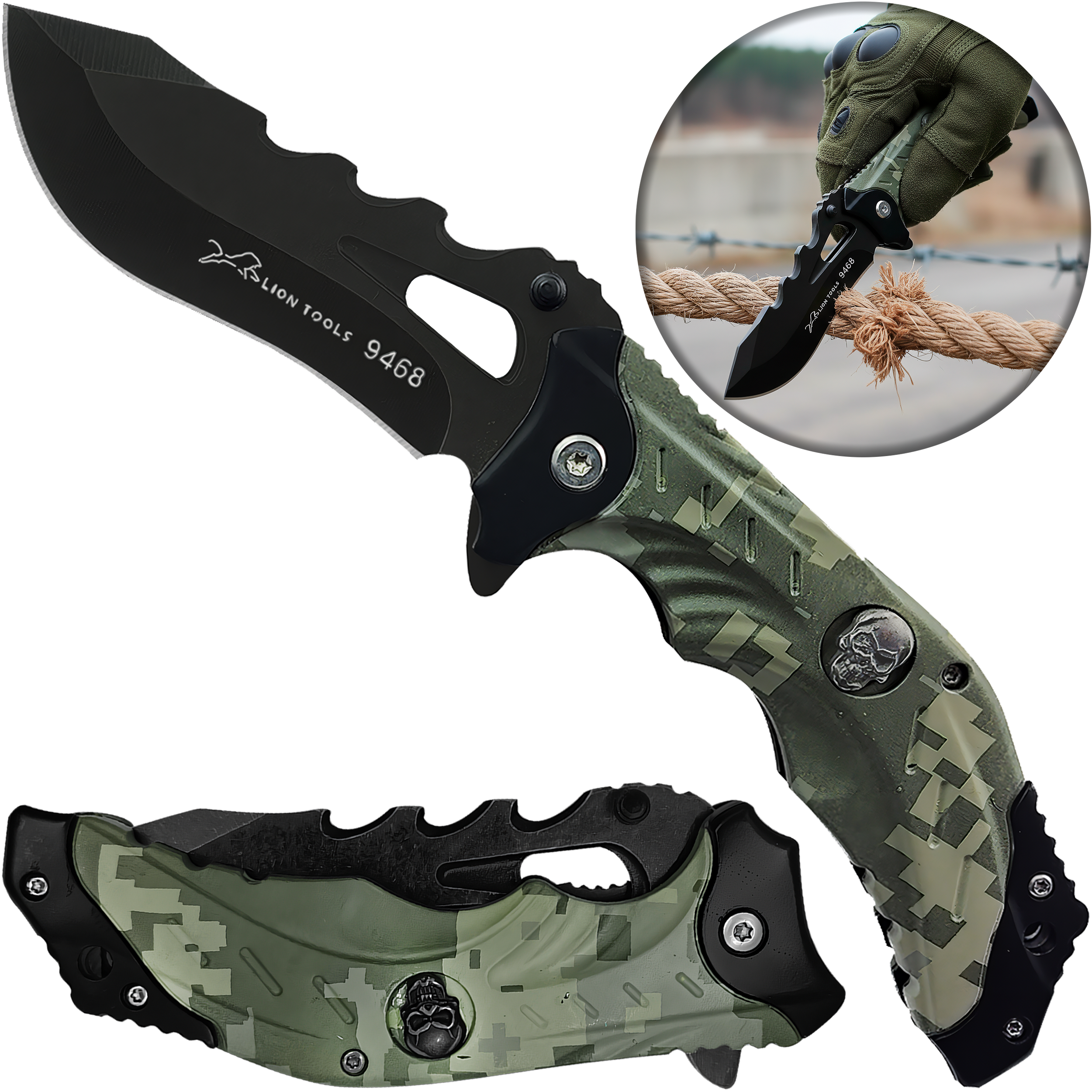 Navaja Táctica Militar Automática Lion Tools modelo 9468 camuflaje verde con hoja de acero inoxidable 420.