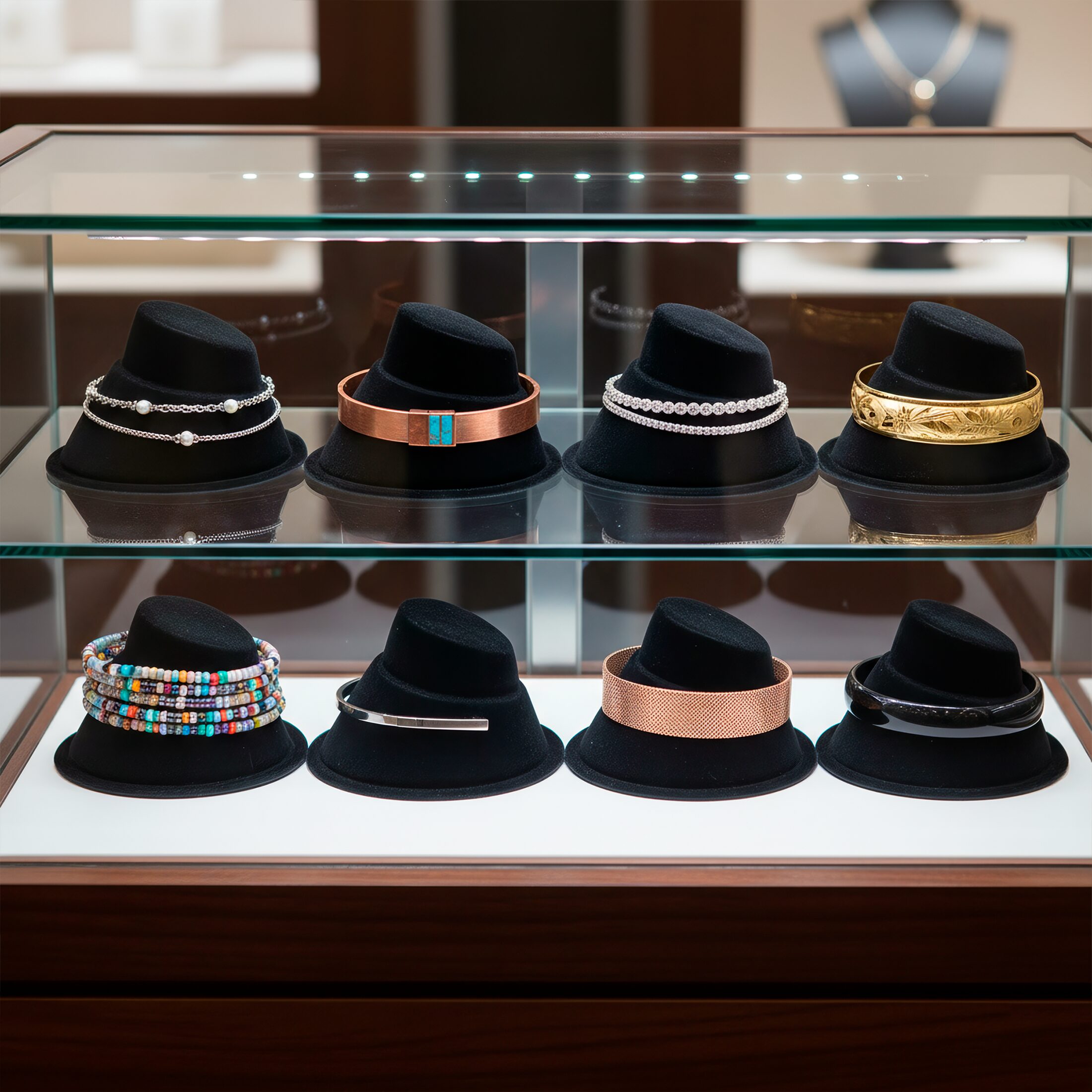 Paq 10 Exhibidor De Reloj marca genérica, soporte afelpado para joyería en color negro y rojo, base de plástico resistente y medidas 4.5 x 7.5 x 7 cm.