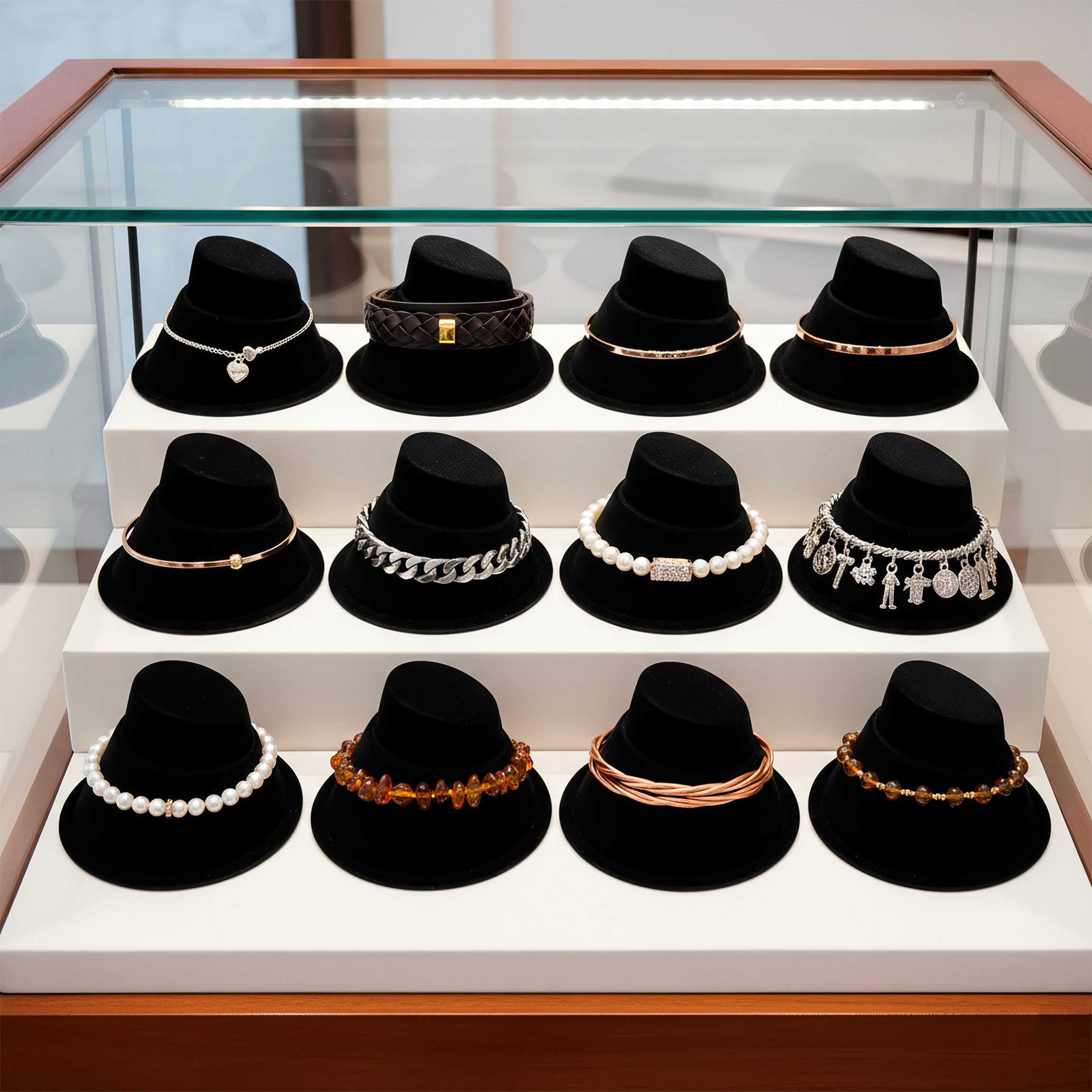 Paq 10 Exhibidor De Reloj marca genérica, soporte afelpado para joyería en color negro y rojo, base de plástico resistente y medidas 4.5 x 7.5 x 7 cm.