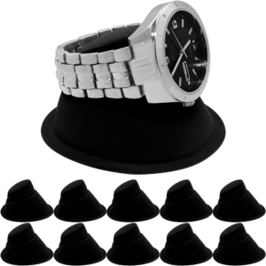 Paq 10 Exhibidor De Reloj marca genérica, soporte afelpado para joyería en color negro y rojo, base de plástico resistente y medidas 4.5 x 7.5 x 7 cm.